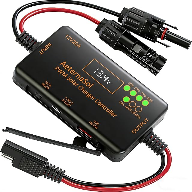 PWM Solar Charge Controller 12V 20A Solar Panel with LCD Display Charge Controller for Gel AGM Lithium LiFePO4 Batteries Charge Controllers Compatible with Type-c and USB(12v/20A)
