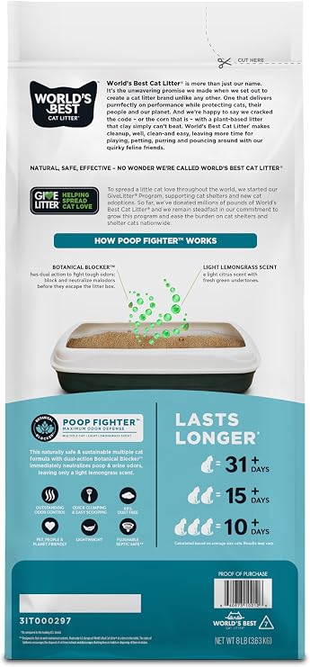 World's Best Cat Litter Poop Fighter, Urine & Poop Odor Defense, 8 lb Bag