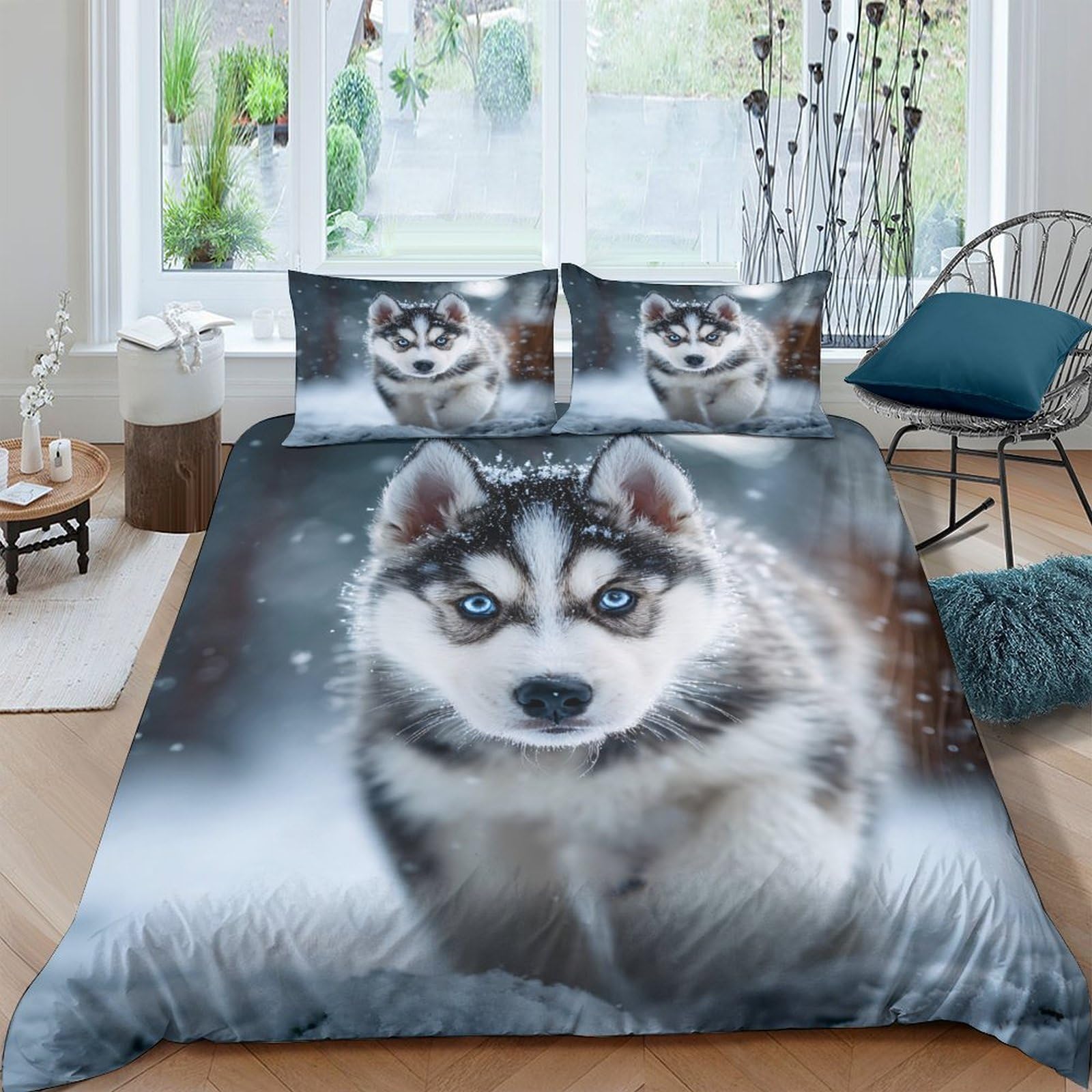 Ctjqhvkz Style-1 3D Printed Husky Dog Fitted Sheet Microfiber Soft Breathable Wolf Animal Mattress Cover For Bedroom Dorm Decor Single（135X200cm）