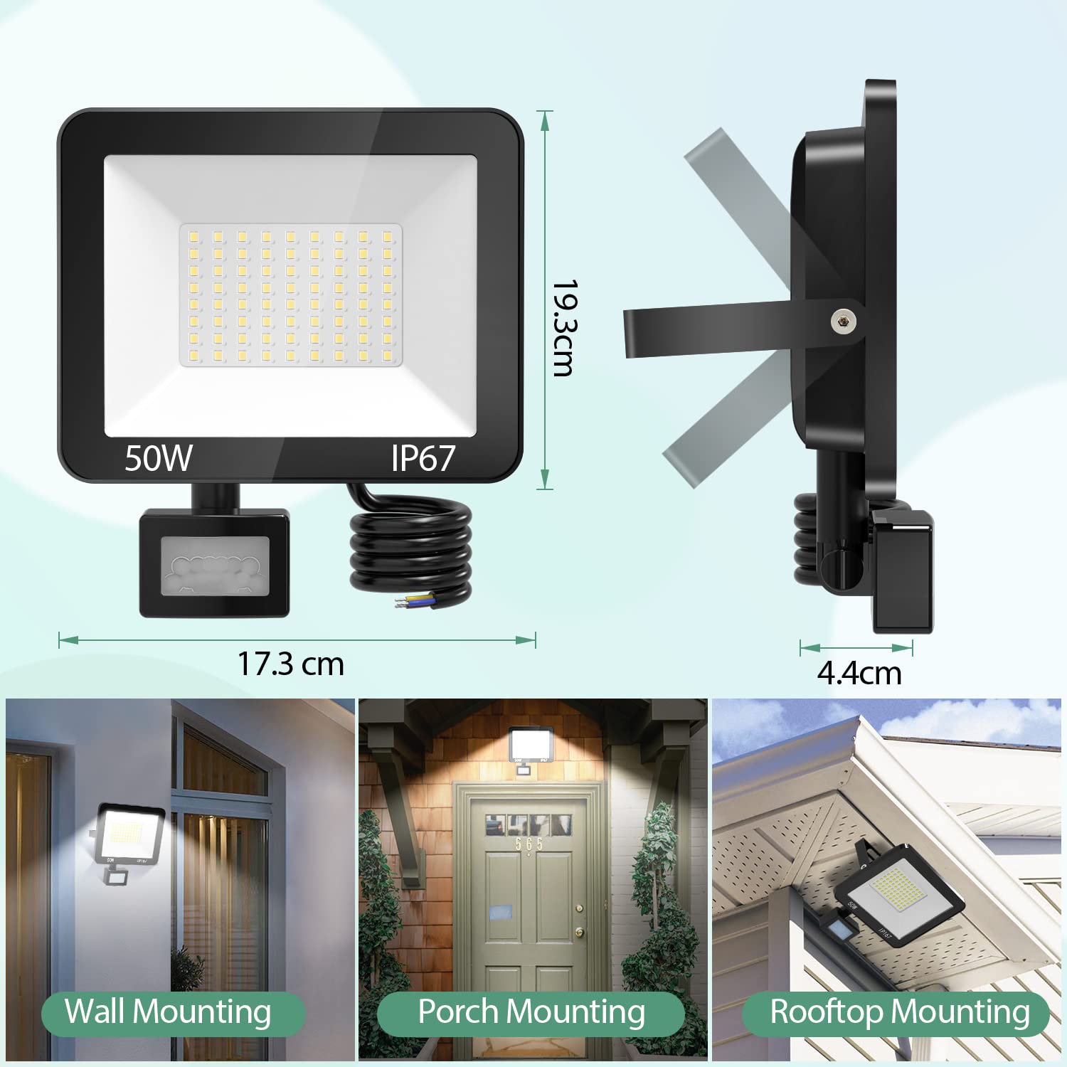 Faretto LED da Esterno con Sensore di Movimento 50W 2 Pezzi, 5000LM 7000K Faro LED Esterno , IP67 Impermeabile Super Luminoso Bianco Freddo Luce di Sicurezza per Garage, Cortile, Patio,Ingresso