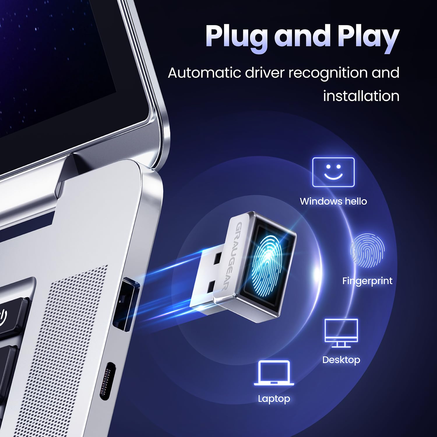 GRAUGEAR Capteur d'empreintes digitales USB pour PC [Keylogger] Fingerprint USB Passkey | Serrure biométrique tactile à 360° pour PC, prend en charge Windows 11 Hello, jusqu'à 10 empreintes par compte utilisateur