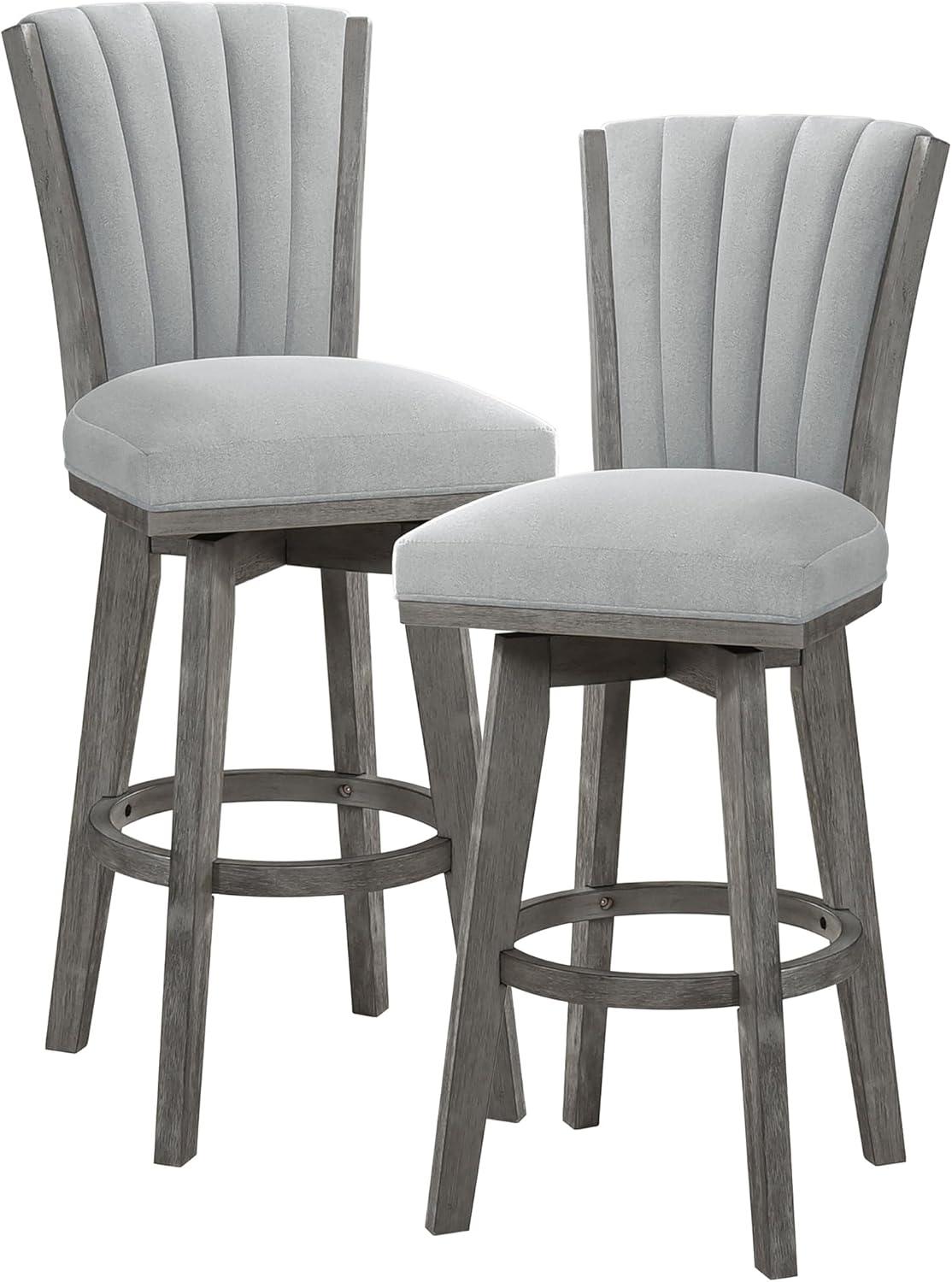 Lexicon Swivel Bar Stools Set of 2, Wood Frame Bar Height Stools with Footrest and Back, for Kitchen Island, Dining Room, 30.5" SH, Grey Finish and Thick Grey Velvet Cushion Seat