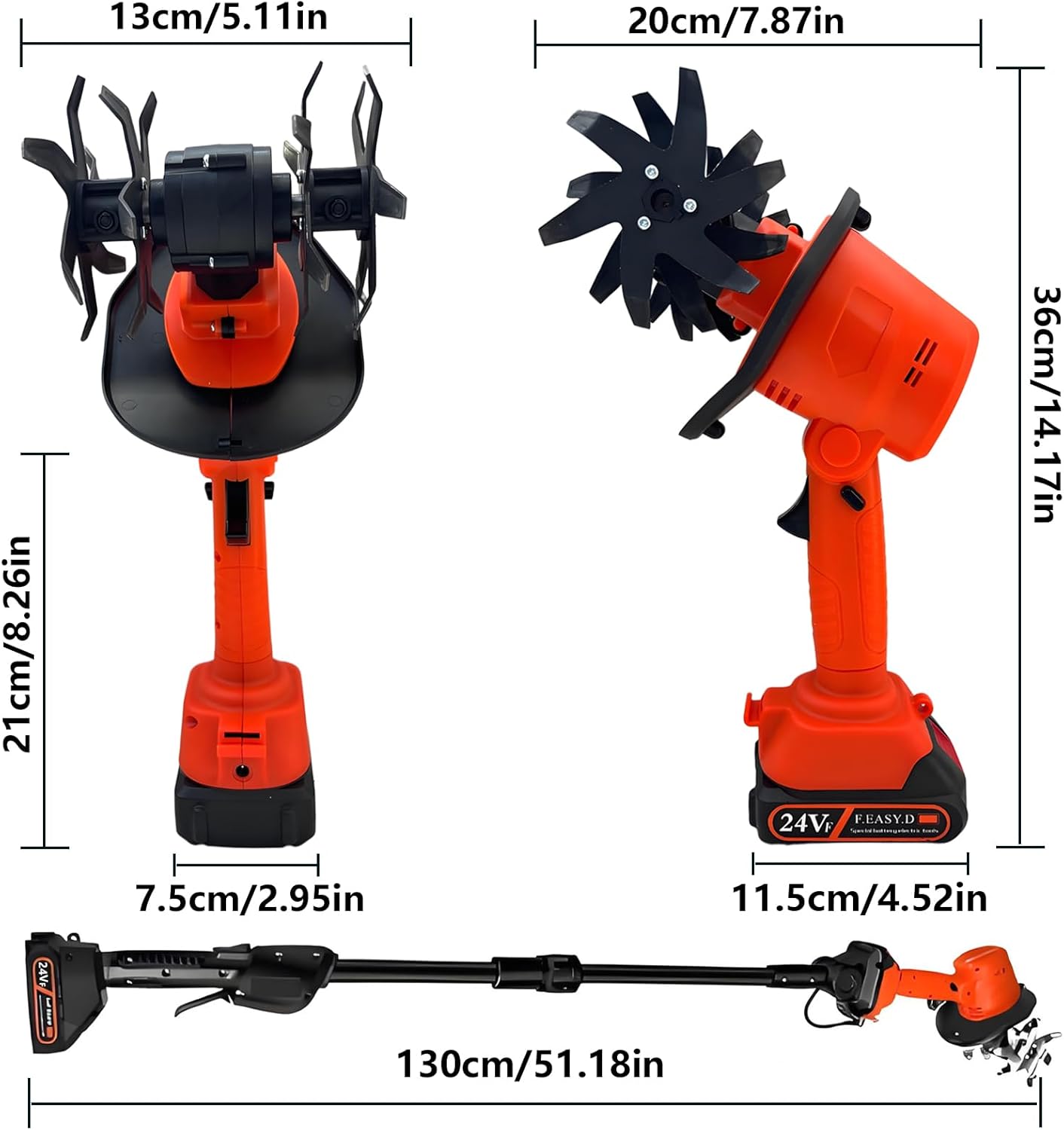 24V Cordless Electric Tiller for Gardening, Handheld Garden Tiller Cultivator 10cm Tilling Width 10cm Depth Garden Rototiller with Handheld Rod for Lawn Garden Vegetable Plots