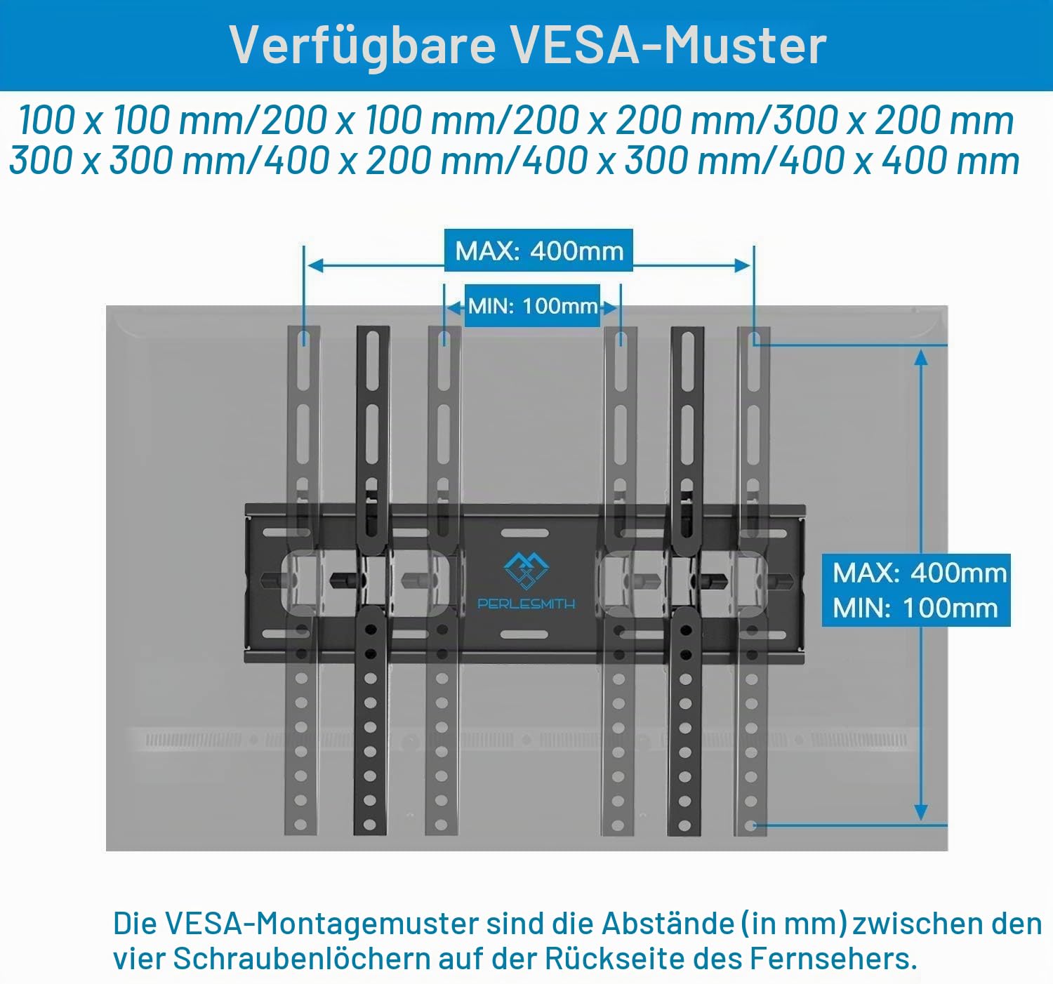 PERLESMITH TV Wandhalterung mit Werkzeugfreier Neigung, Wandhalterung Fernseher Neigbar für 26-65 Zoll Flach&Curved Fernseher oder Monitor bis zu 60kg, max.VESA 400x400mm