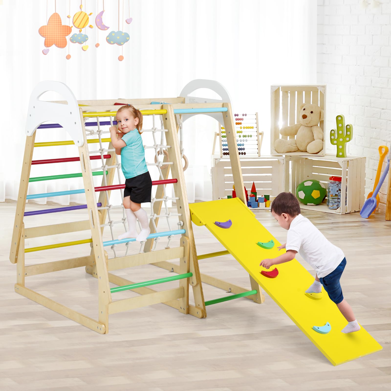COSTWAY 6 en 1 Triángulo de Escalada Infantil, Parque Infantil Interior para Niños, Conjunto de Juguetes de Escalada de Madera con Tobogán, Gimnasio de Interior para Niños de 1+ Año (Multicolor)