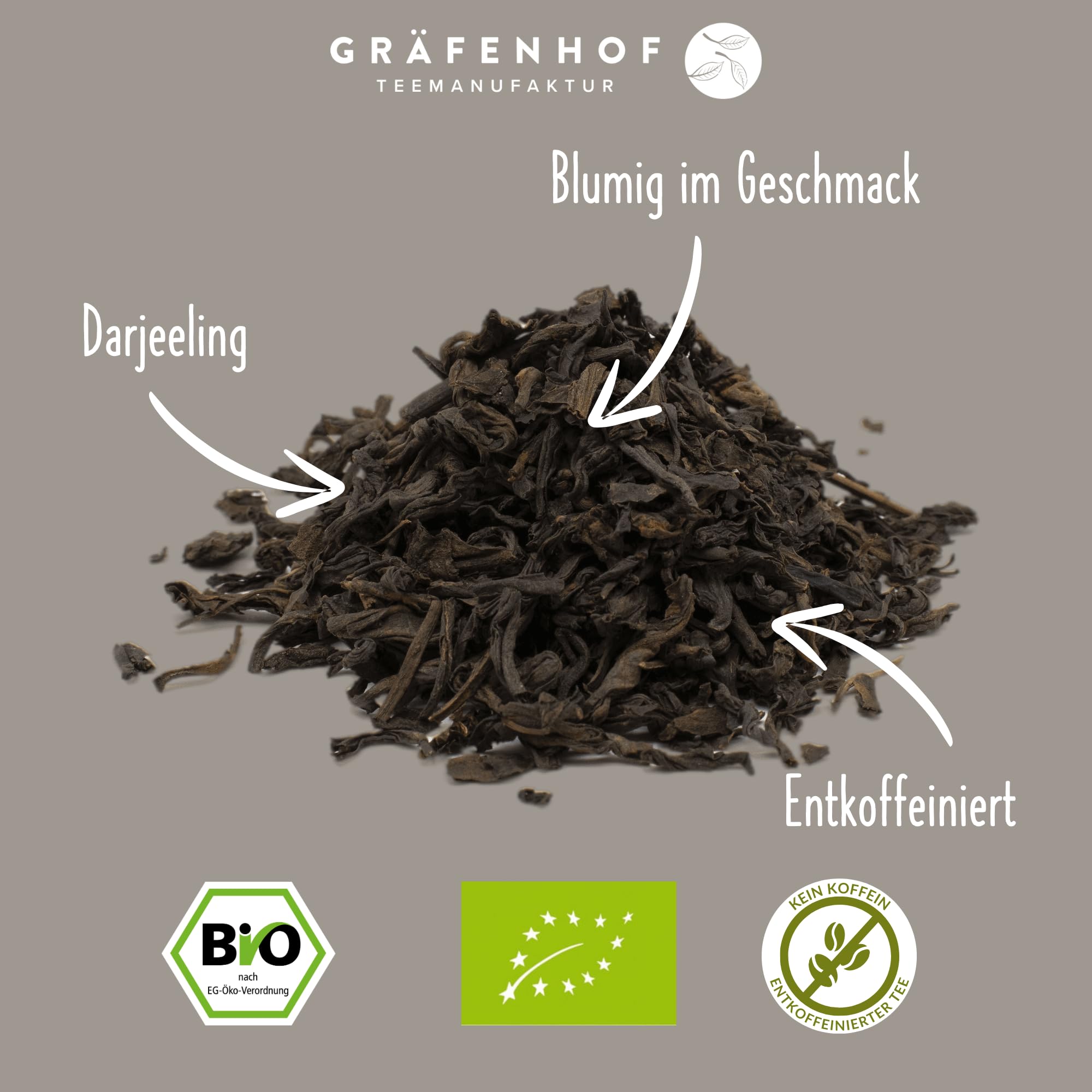 Gräfenhof Darjeeling (entkoffeiniert) Schwarztee Bio, 300g (3x 100g) loser Tee aus 100% Schwarzer Tee Darjeeling, entkoffeiniert, ohne künstliche Zusatzstoffe, Premium Qualität, in DE abgefüllt