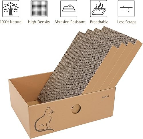 Miniatura 5 de AUSCAT Rascador de cartón para gatos con caja, 4 almohadillas reversibles para rascar para gatos, repuesto para rascador de libros de gatos, cartón