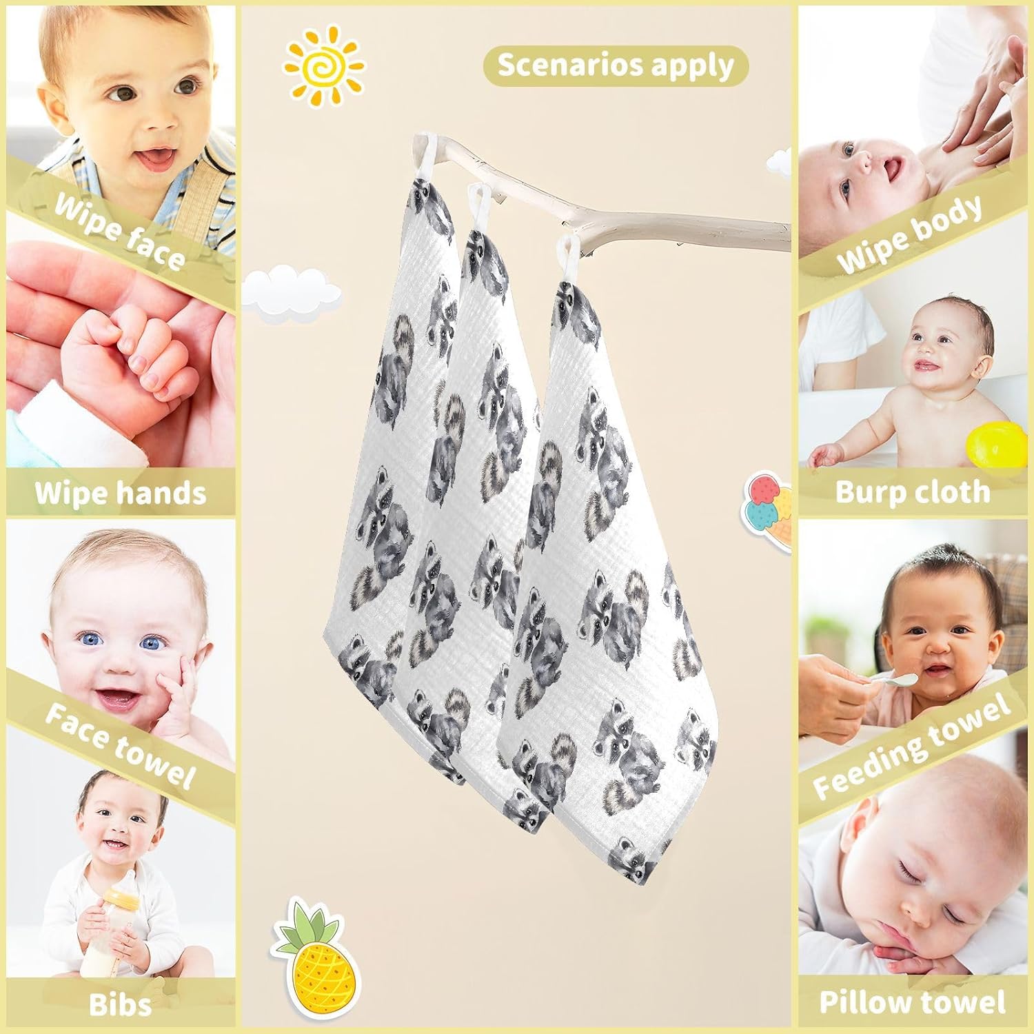 vvfelixl ベビーモスリンウォッシュクロス リトルアライグマ ベビーバープクロス コットン ベビーフェイスタオル 新生児 幼児