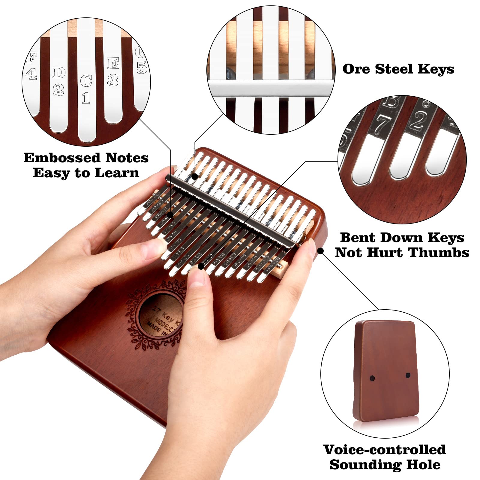 Kalimba kciuk fortepian 17 klawiszy, przenośny palec Mbira, łatwy do nauczenia instrument muzyczny, prezent dla dzieci i dorosłych, początkujących, brązowy