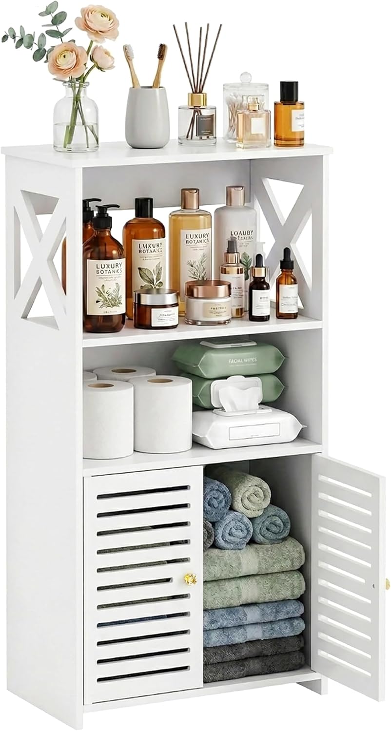BYFU Bathroom Storage Cabinet, 4-Tier White Small Floor Cabinet Freestanding Organizer with Door and Shelf for Living Room Hallway Kitchen Small Space