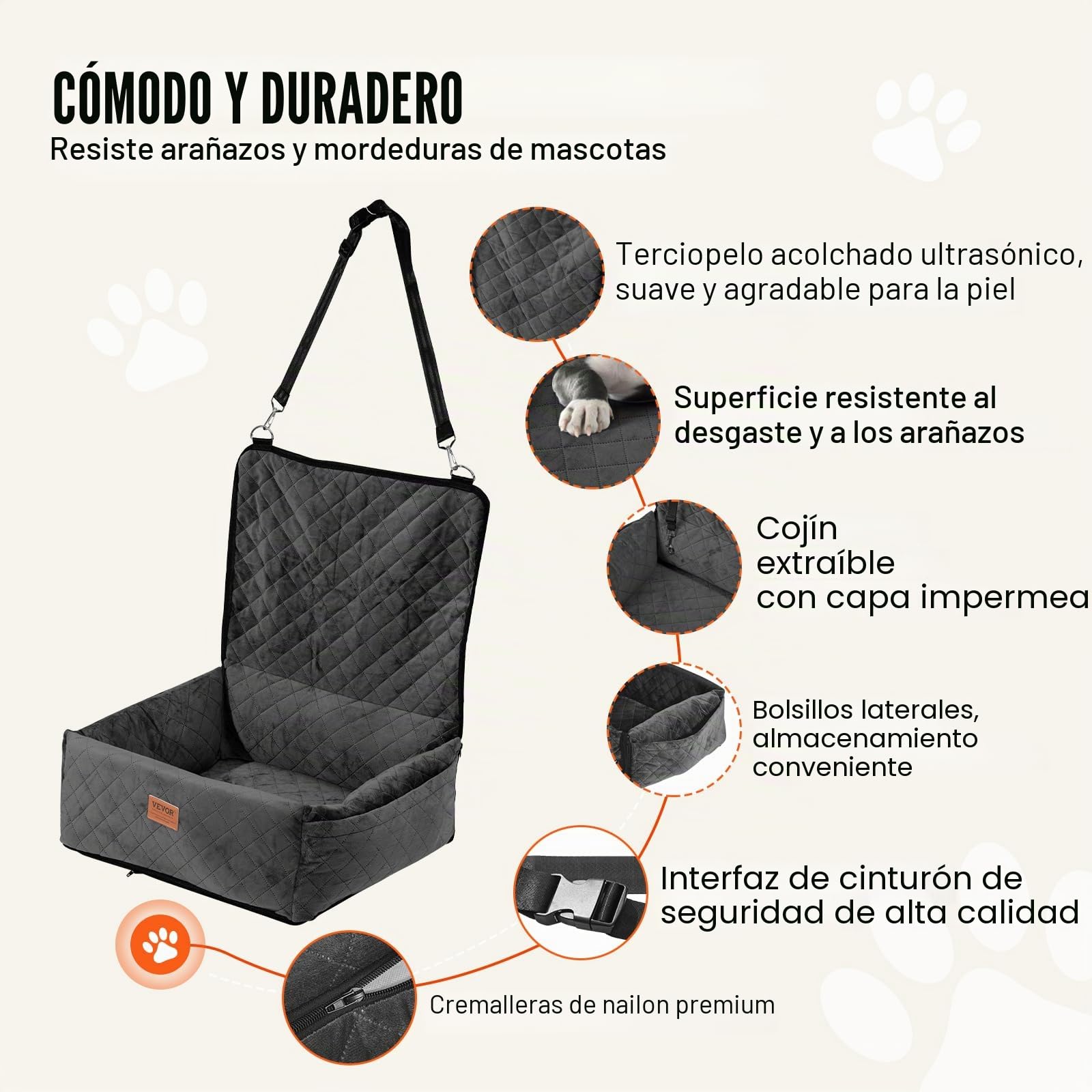 VEVOR Asiento de Coche para Perros 18 kg Asiento de Seguridad para Mascotas Asiento Elevador Impermeable con Correa de Seguridad con Clip Acolchado de Algodón PP Silla para Coche para Mascotas, Negro