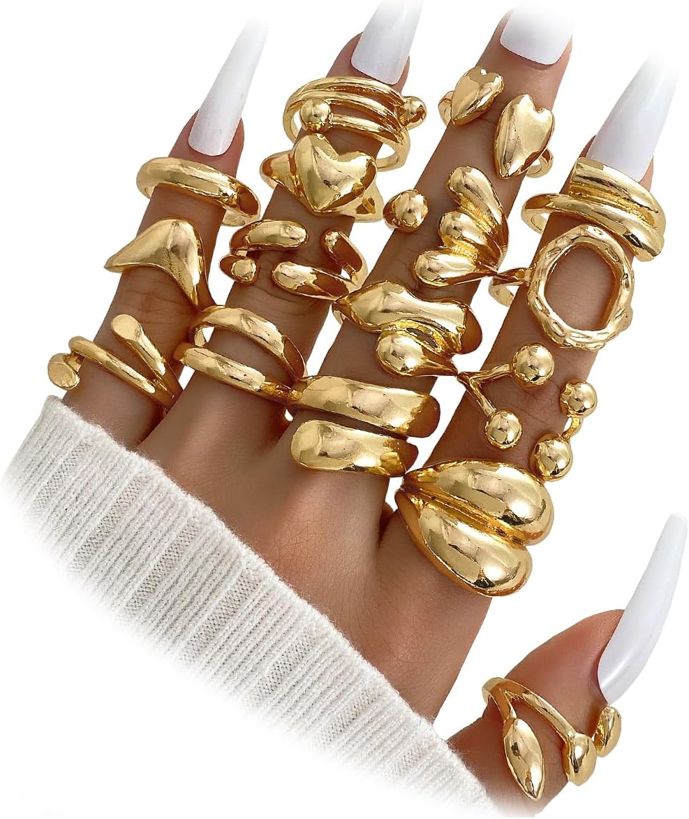IFKM Gold Chunky Rings Set for Women 14k Gold Plated Thick Dome Stackable Open Rings Trendy Dainty Minimalist Jewelry Gifts