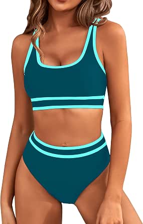 BMJL Women's High Waisted Bikini Sets Sporty Two Piece Swimsuits Color Block Tummy Control Modest Bathing Suit