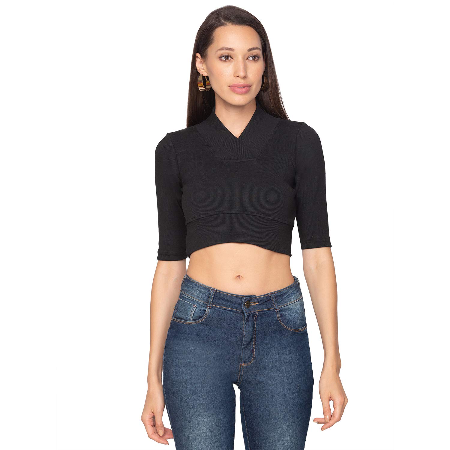 S SALWAR STUDIOWomen's Black Knitted Cotton Lycra Readymade Stretchable Saree Blouse-SSB3202-BLCK-FS