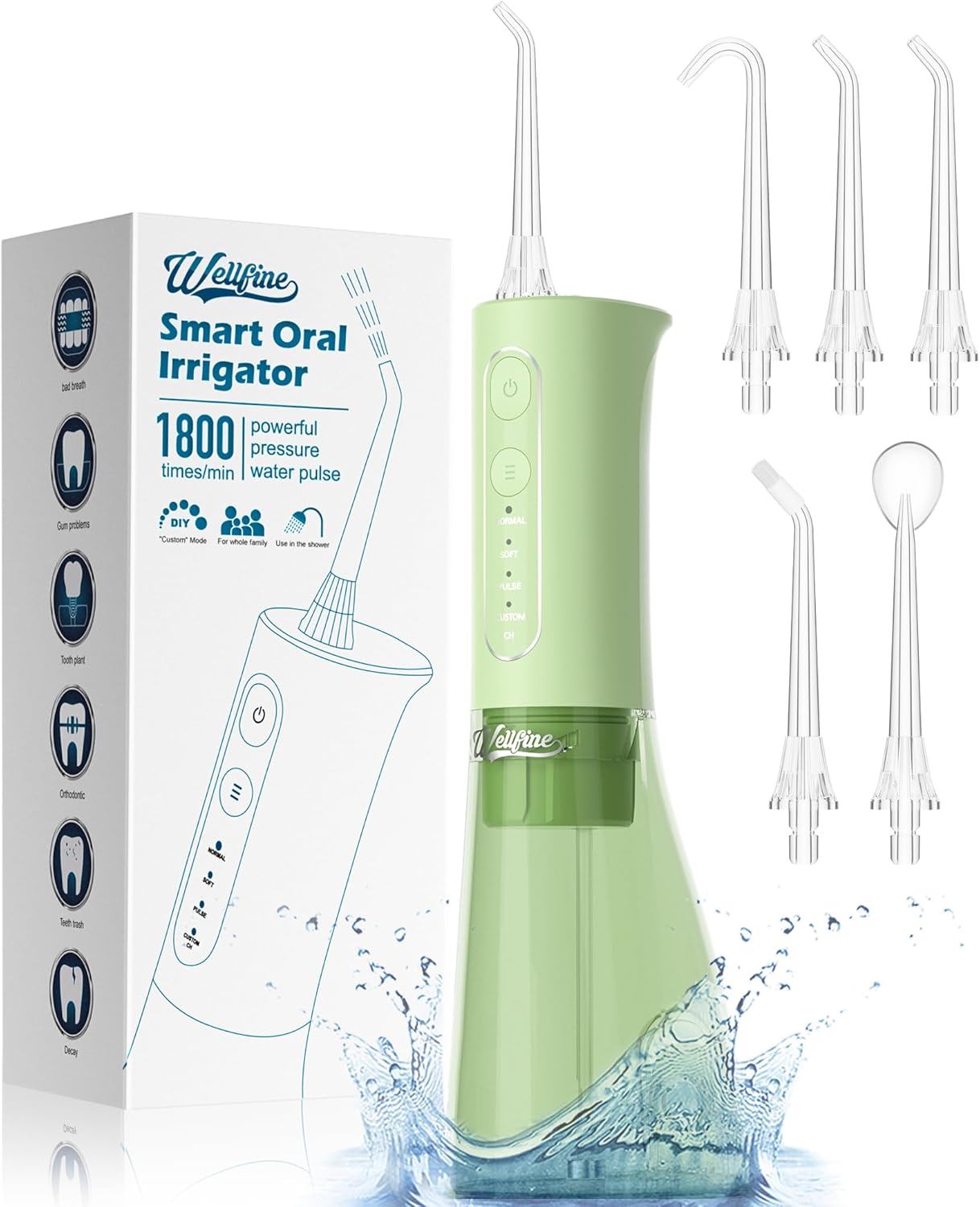 WELLFINE Water Dental Flosser Teeth Pick: Portable Cordless 4 Modes Flossers Pic 300ML Rechargeable Floss Pik Powerful IPX7 Waterproof Oral Irrigator for Cleaning Gum Care Braces for Home Travel