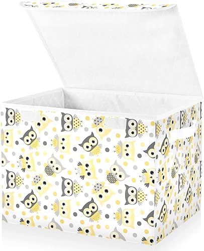 Miniatura 2 de Ollabaky Lindo búho amarillo plegable de almacenamiento con tapa, caja de almacenamiento de cubo grande, contenedores organizadores con asas para
