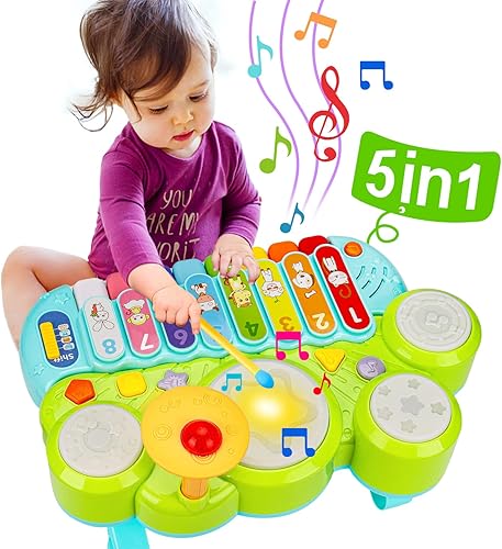 Miniatura 7 de AugToy 3 en 1 juguetes musicales para niños pequeños de 1 a 3 años, juego de piano, xilófono y tambor, juguetes para niñas de 1, 2 y 3 años de edad