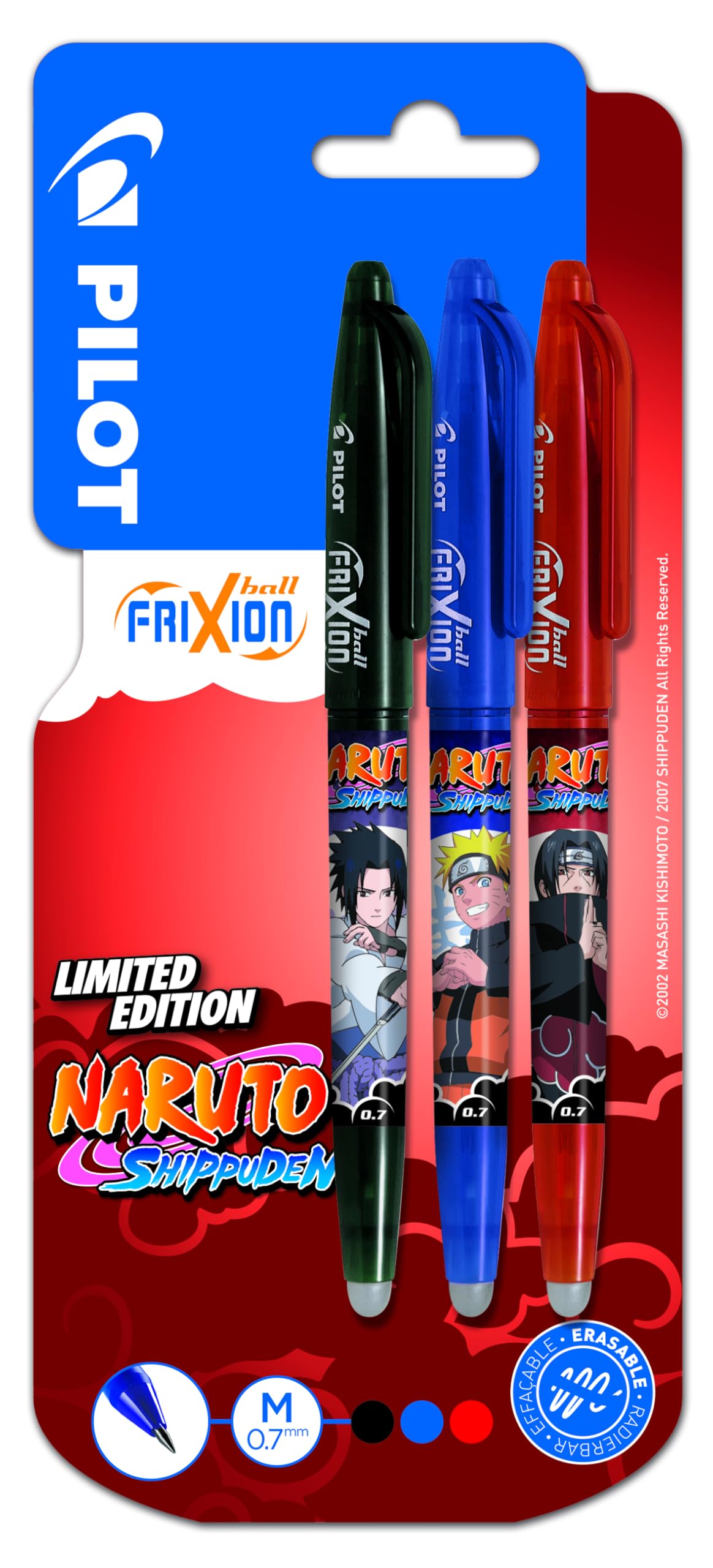 Pilot x NARUTO FriXion Ball Erasable Pens - Limited Edition Naruto Shipudden - Refillable Rollerball Pens - Black, Blue, Red, Medium Nib, Pack of 3