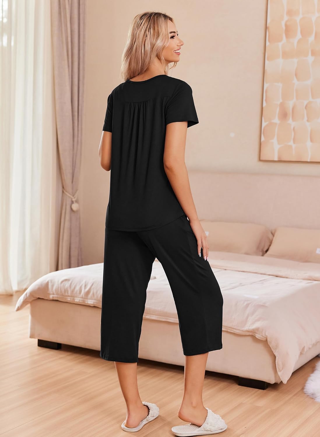 Ekouaer Women's Pajama Sets Short Sleeve Sleepwear Button Up Pj Loungewear Top and Capri Pants with Pockets - Image 3