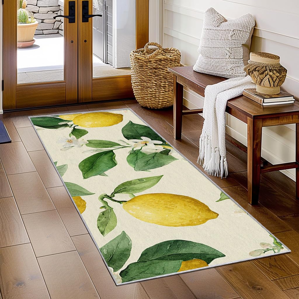 Generisch Läufer Flur Zitrone 60x180 Mit Frucht Blätter Blumen Grün Gelb Muster Extra Dünn Waschbar rutschfest, Zitrone Teppich Flurläufer Lang Für Eingangsbereich Schlafzimmer