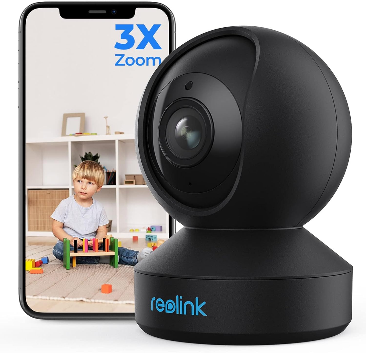 Reolink 5MP Beveiligingscamera voor Binnen, Plug-in 2,4/5 GHz Wifi-camera met PTZ, Automatisch Volgen, 3x Optische Zoom, Babyfoon, Detectie van Mens/Huisdier-AI, Tweerichtingsgeluid, E1-Zoom Zwart
