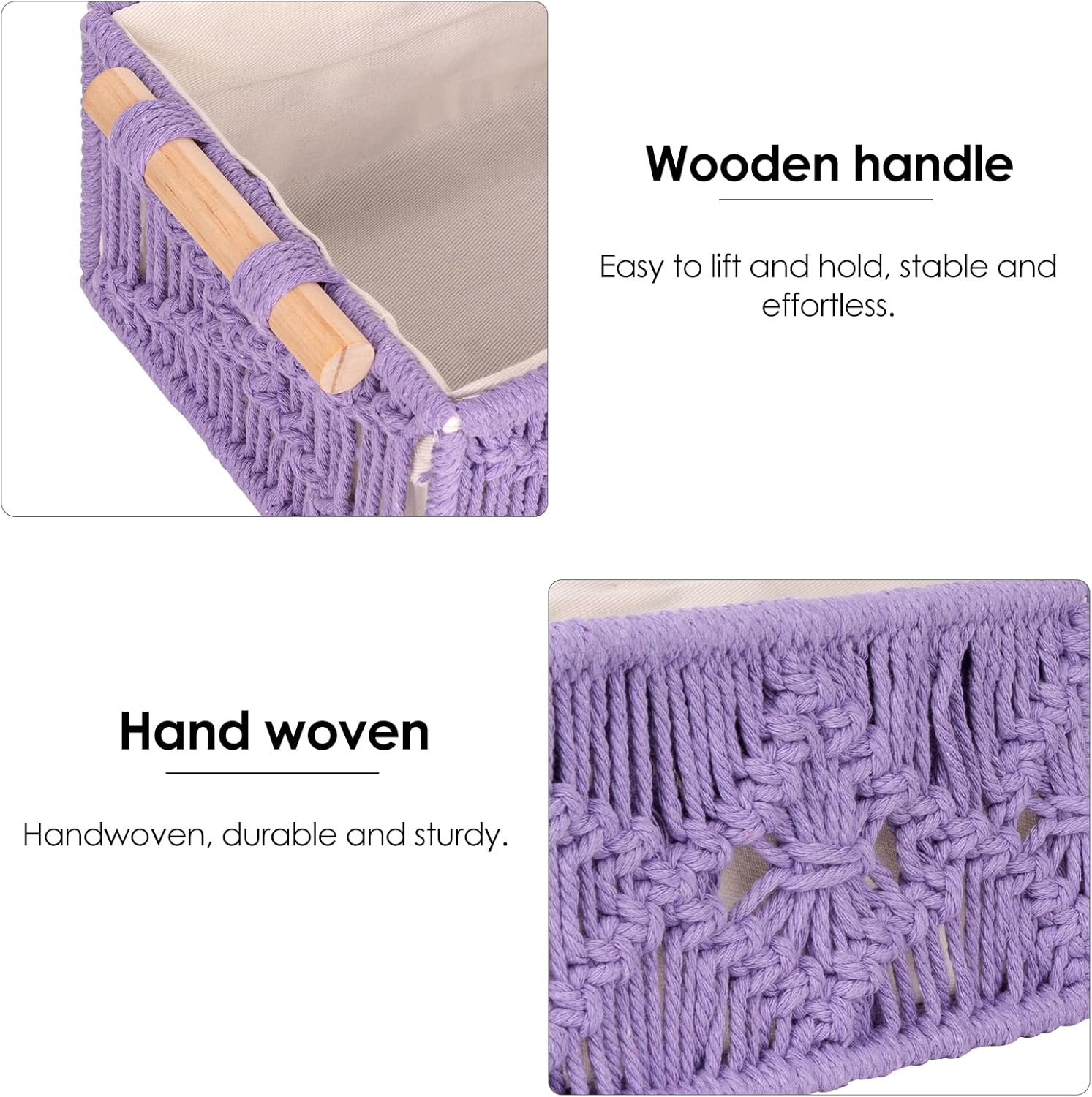 Purple Macrame Storage Baskets, Boho Woven Decor Organizer for Countertop Toilet Tank Shelf Cabinet Bathroom Living Room Entryway (Set of 2)