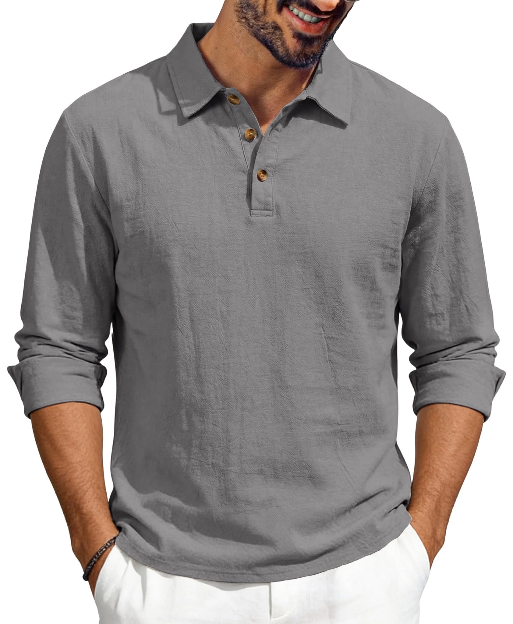Men’s Linen Shirts Long Sleeve Polo Shirt Casual Summer Classic Golf T Shirts
