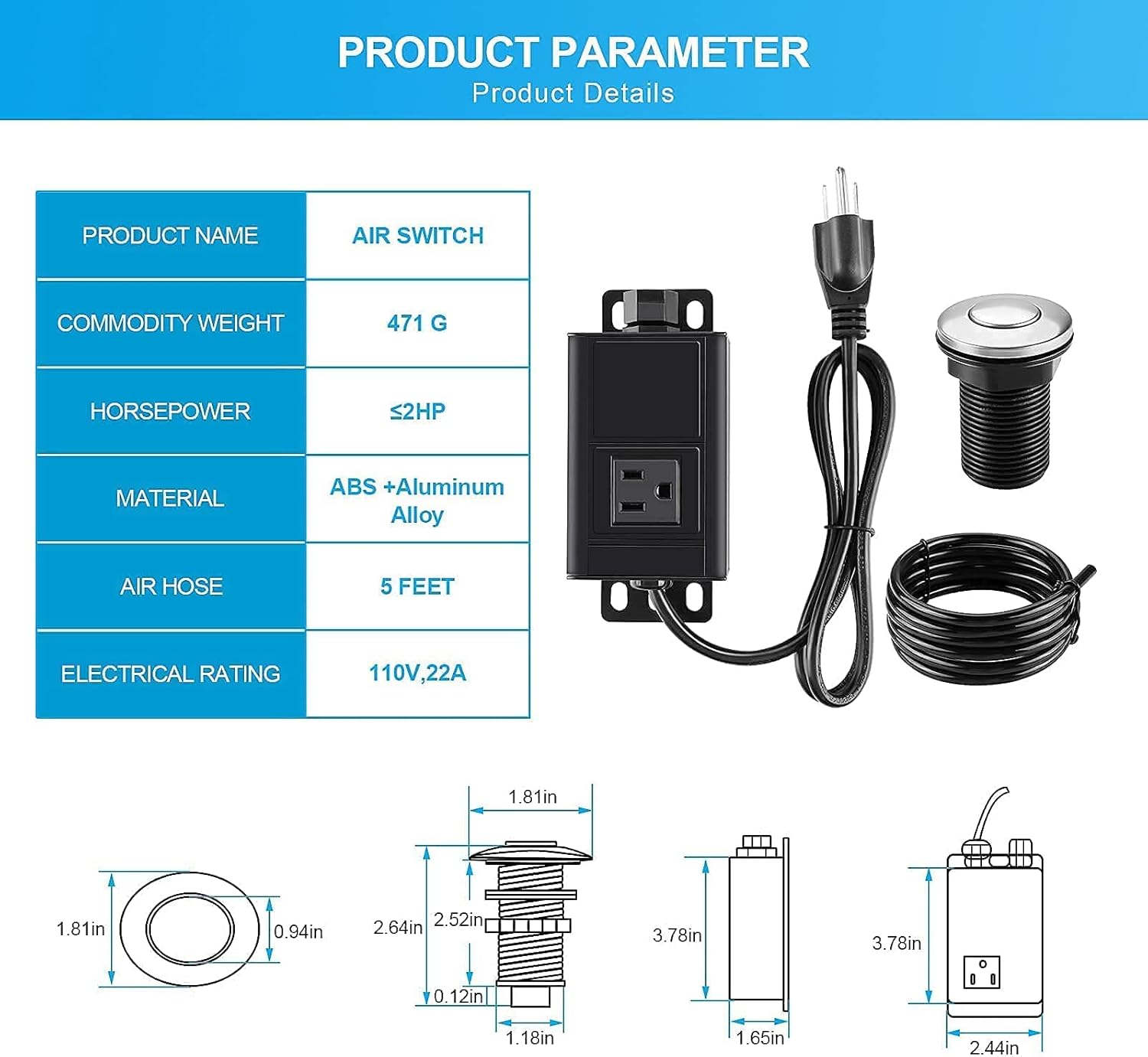 HK Bundle - 2 Items Garbage Disposal Air Switch Kit with Power Cord Kit, Sink Top Waste Disposer Stainless Steel On/Off Push 2.5" Button with Aluminum Alloy Power Module, Food Waste Disposals Replacem