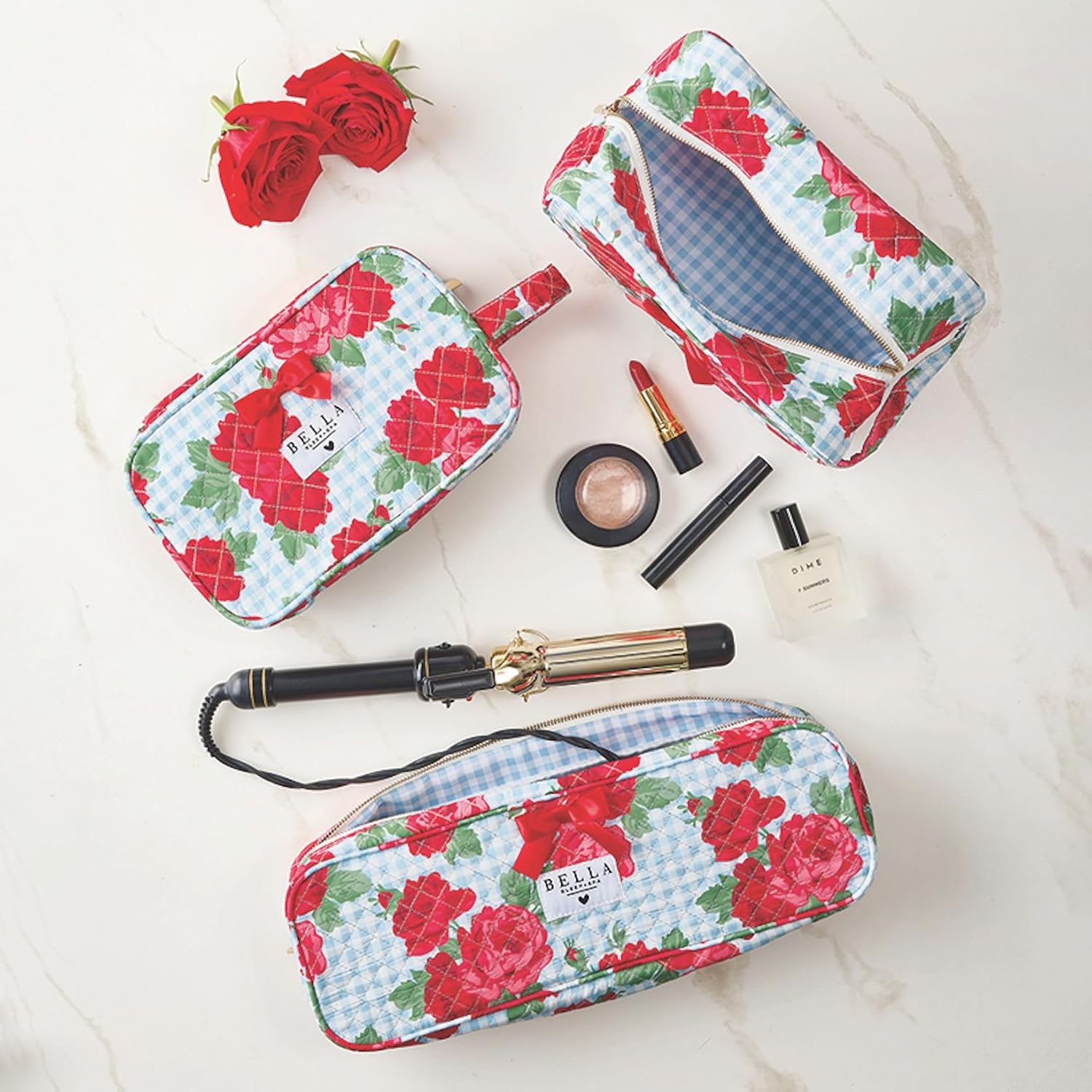 Bella Sleep + Spa Quilted Hair Tool Travel Bag, Heat Resistant Hair Styling Accessories Storage Case, Padded Straightener & Curling Iron Carrier, 15.5"x 5"x 3", Blue Gingham + Red Roses image 5