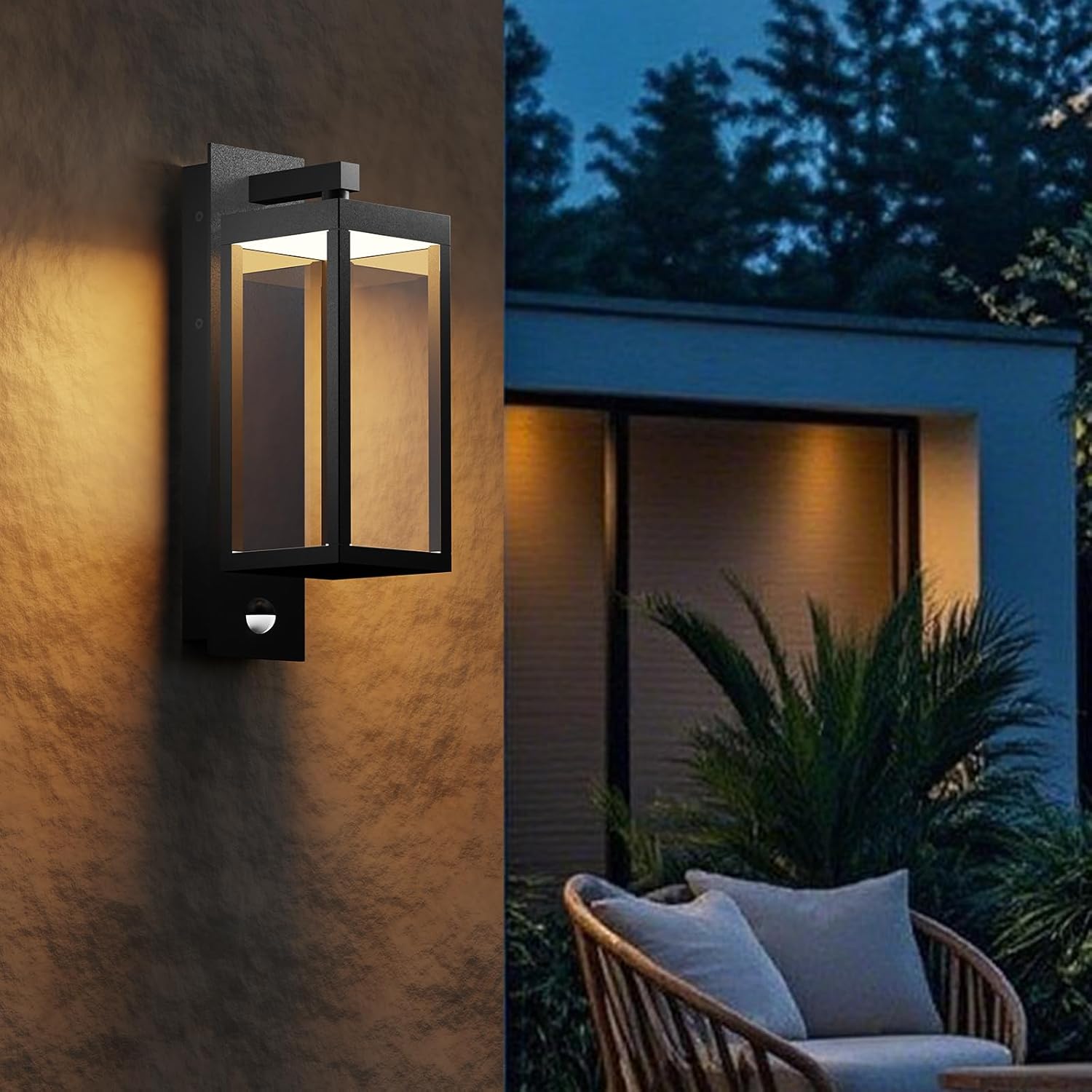 Outdoor Light Wall Sconce Motion Sensor Porch Light for House,15" LED Modern Exterior Lighting Fixture Black,Waterproof Outside Lantern with Clear Glass for Garage Patio Garden