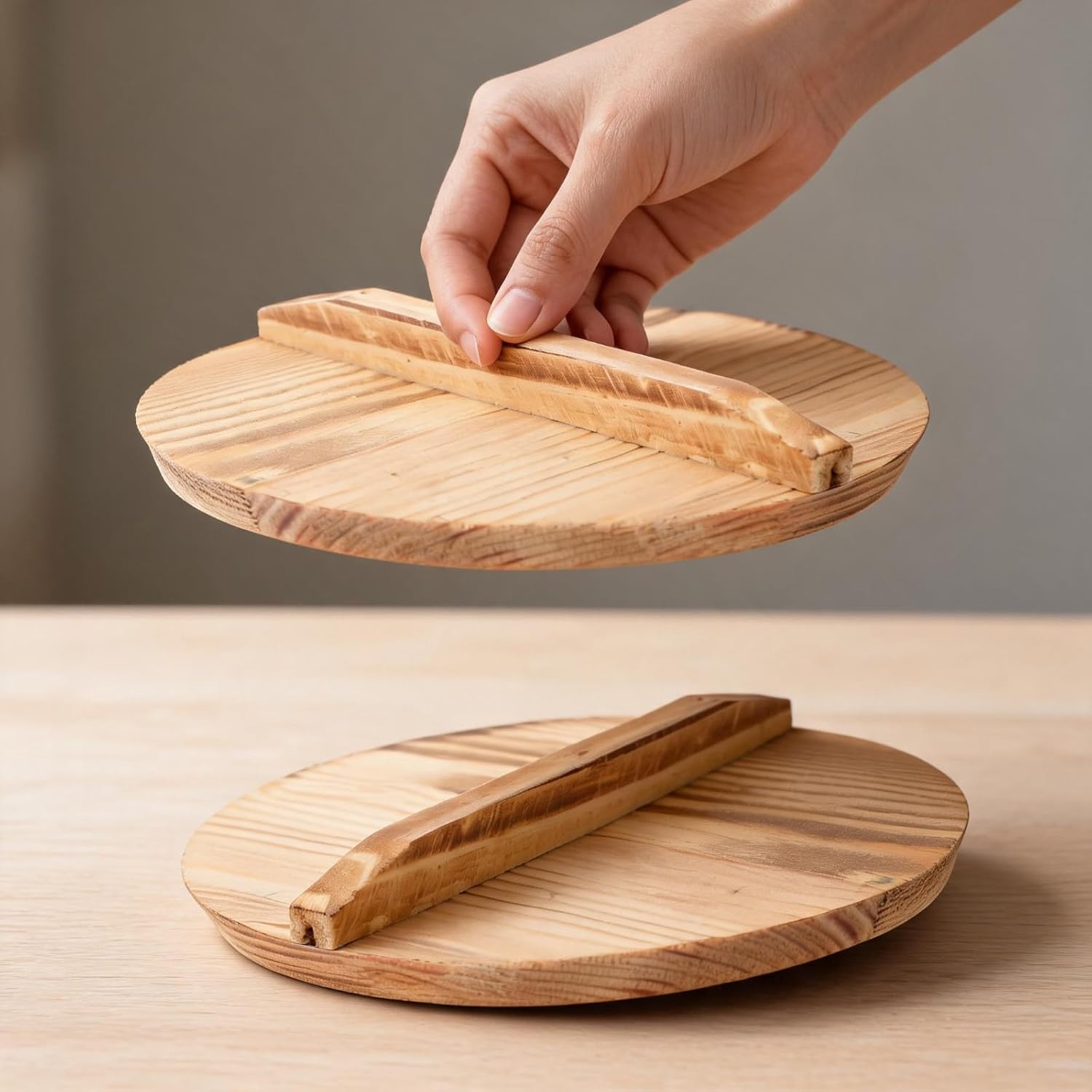 LOGOFUN 2PCS Wooden Pan Lid Small Pot Cover Chinese Skillet with Handle Anti-scalding Instant Noodle Wok for Kitchen Cookware Replacement Supplies - 14cm
