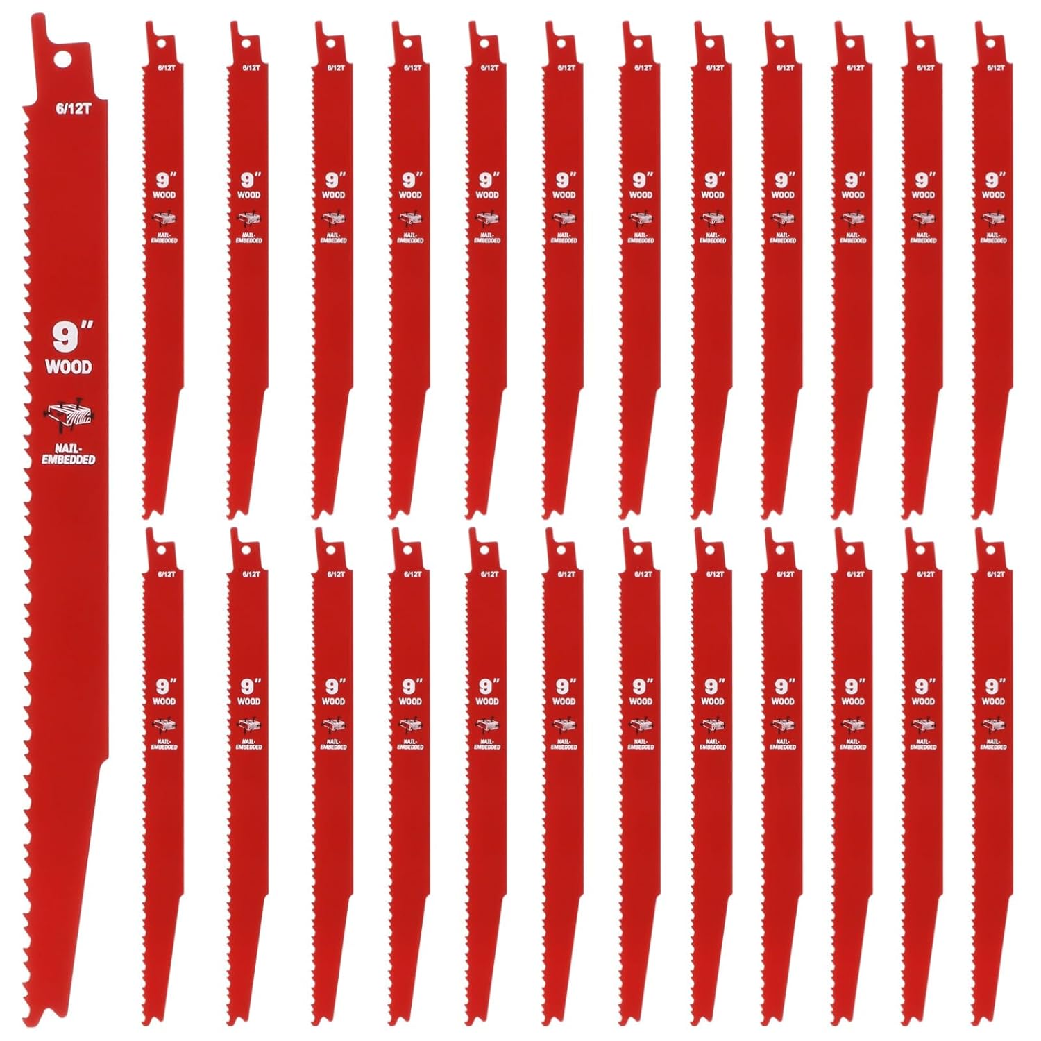 25 Pcs Reciprocating Saw Blades for Wood, 9" 6/12 Tpi Bi-Metal Cutting Saw Cutters, Metal Pruner Saw Cutting Tools for Cutting Embedded Wood, Metal, PVC Pallets