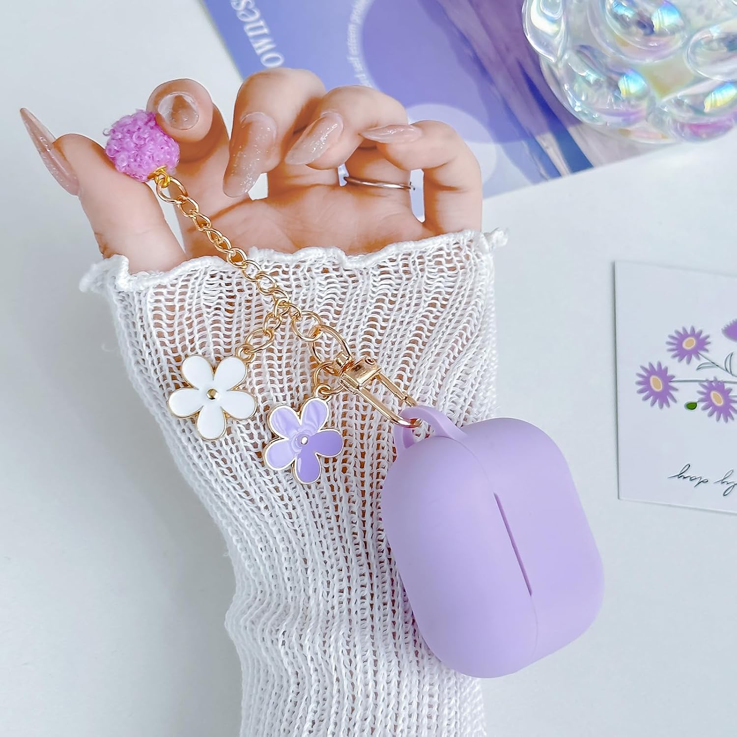 Cute Lavender Case for Airpods 4 Cover for Girl Women with Pom pom Flower Charms Keychain & Cleaner Kit, Soft Silicone Airpods iPod 4th Gen Protective Cover Skin for Airpod 4 2024 image 3