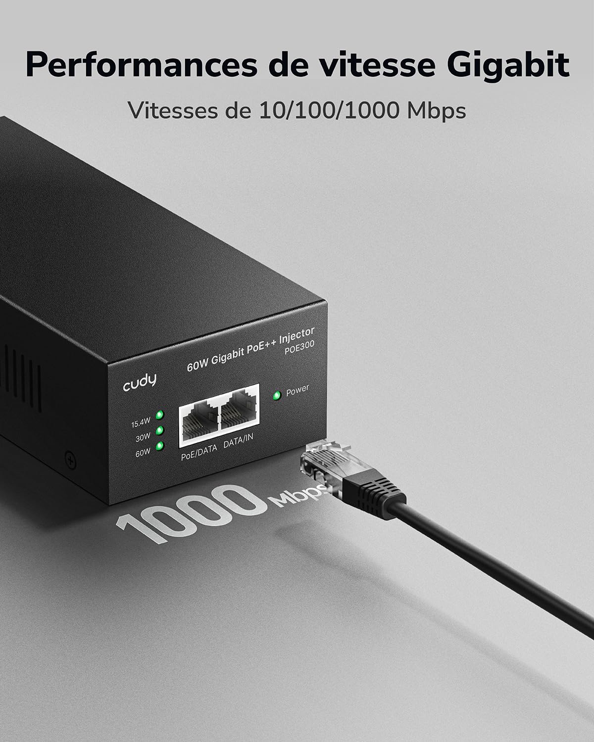 Cudy POE300 60W Injecteur PoE + /poE Gigabit, Bloc d'alimentation jusqu'à 60 W, RJ-45 blindé à 10/100 / 1000Mbps, Compatible IEEE 802.3af / 802.3at, Compact et économique | Injecteur actif de 60 W, entrée/sortie GbE, 100 m, point de mise à la terre, prote