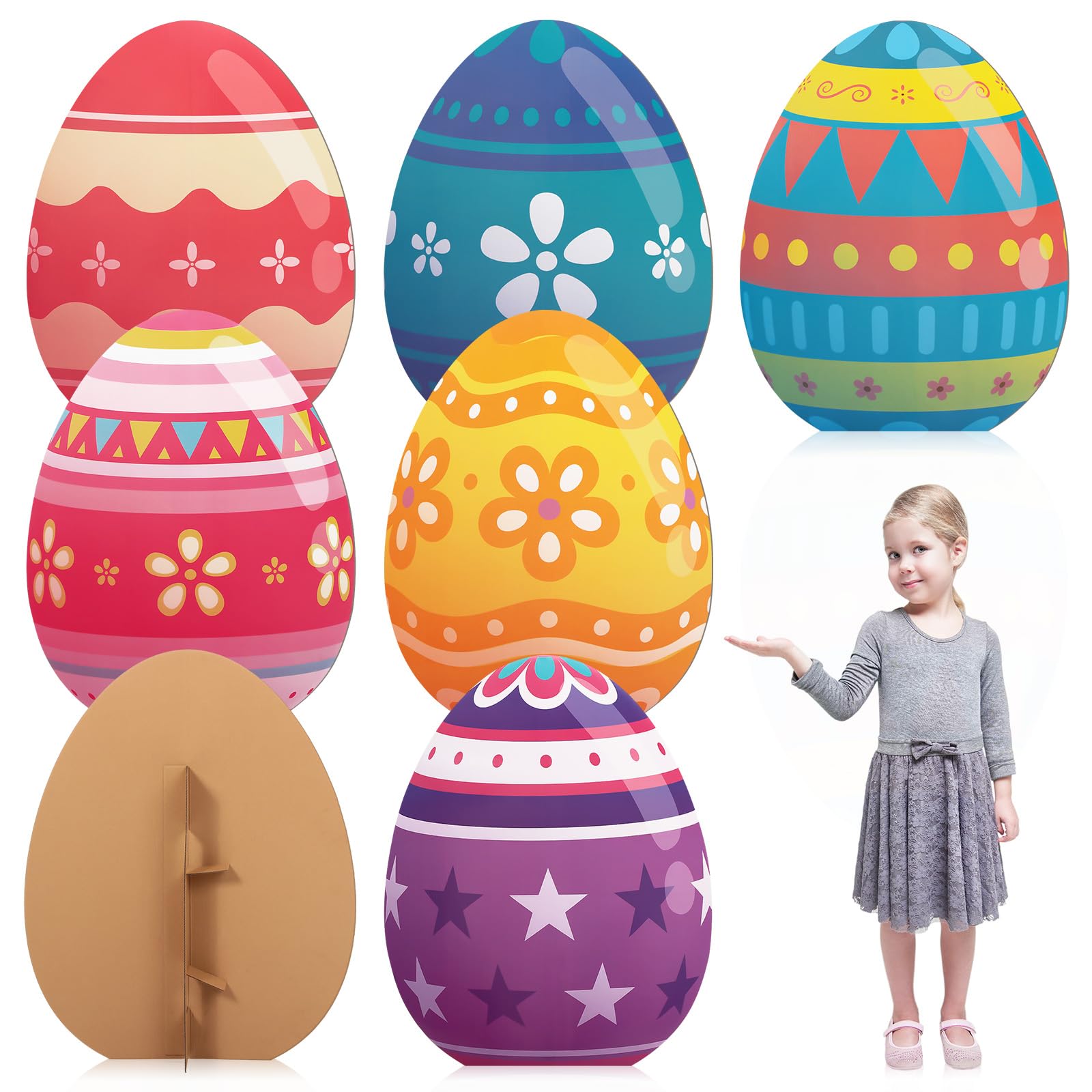 Skyygemm 6 Pcs Easter Egg Stand Ups Set 2.3 Feet Tall Egg Cardboard Cutout Multicolored Signs Springtime Party Decorations for Easter Party Yard Home Decor Photo Props Supplies