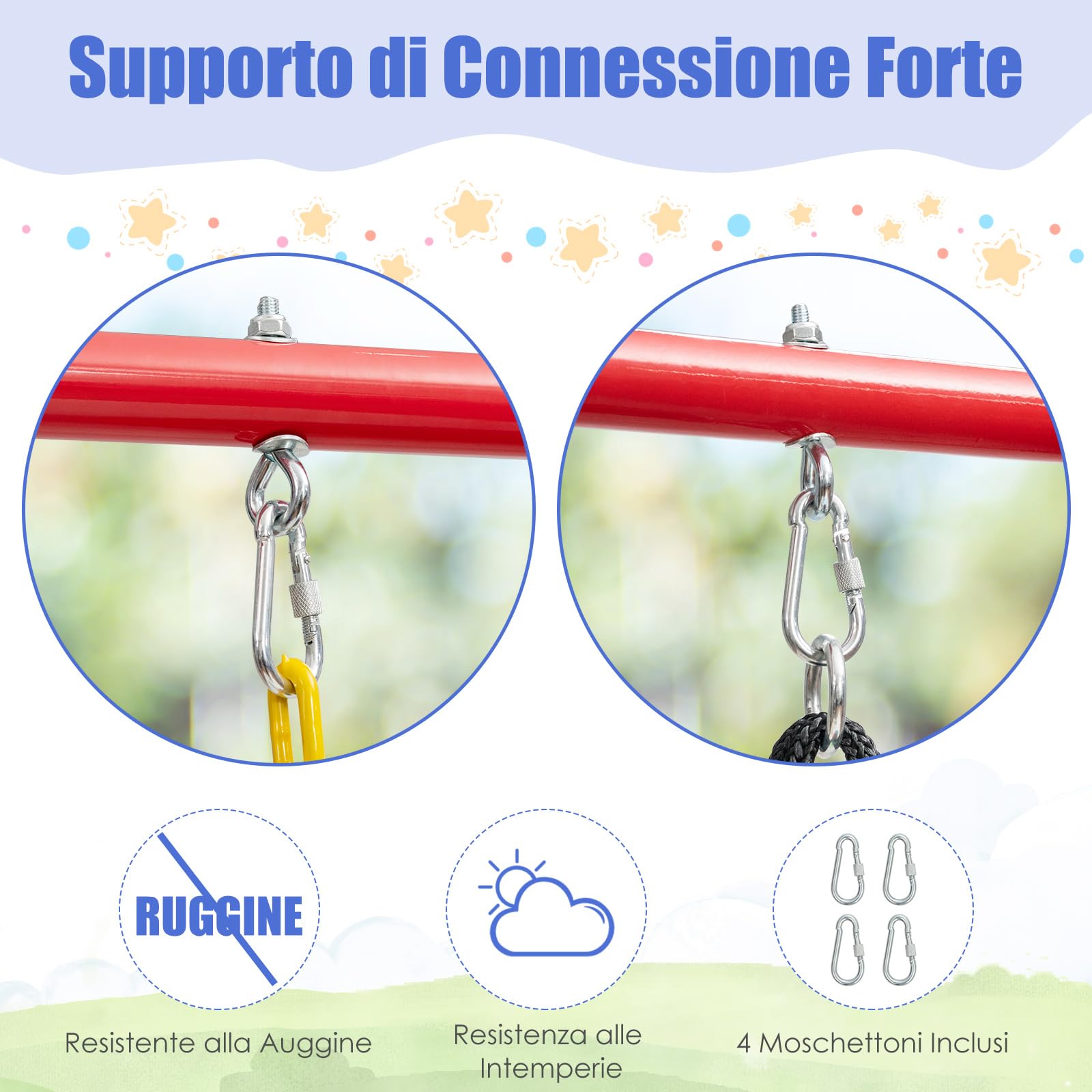 GYMAX Telaio per Altalena a 2 Posti, Supporto per Altalena a Telaio con Barra di Supporto, Piedini e Piedini Antiscivolo, Giunti Interni dei Tubi Rinforzati, Rosso+Blu