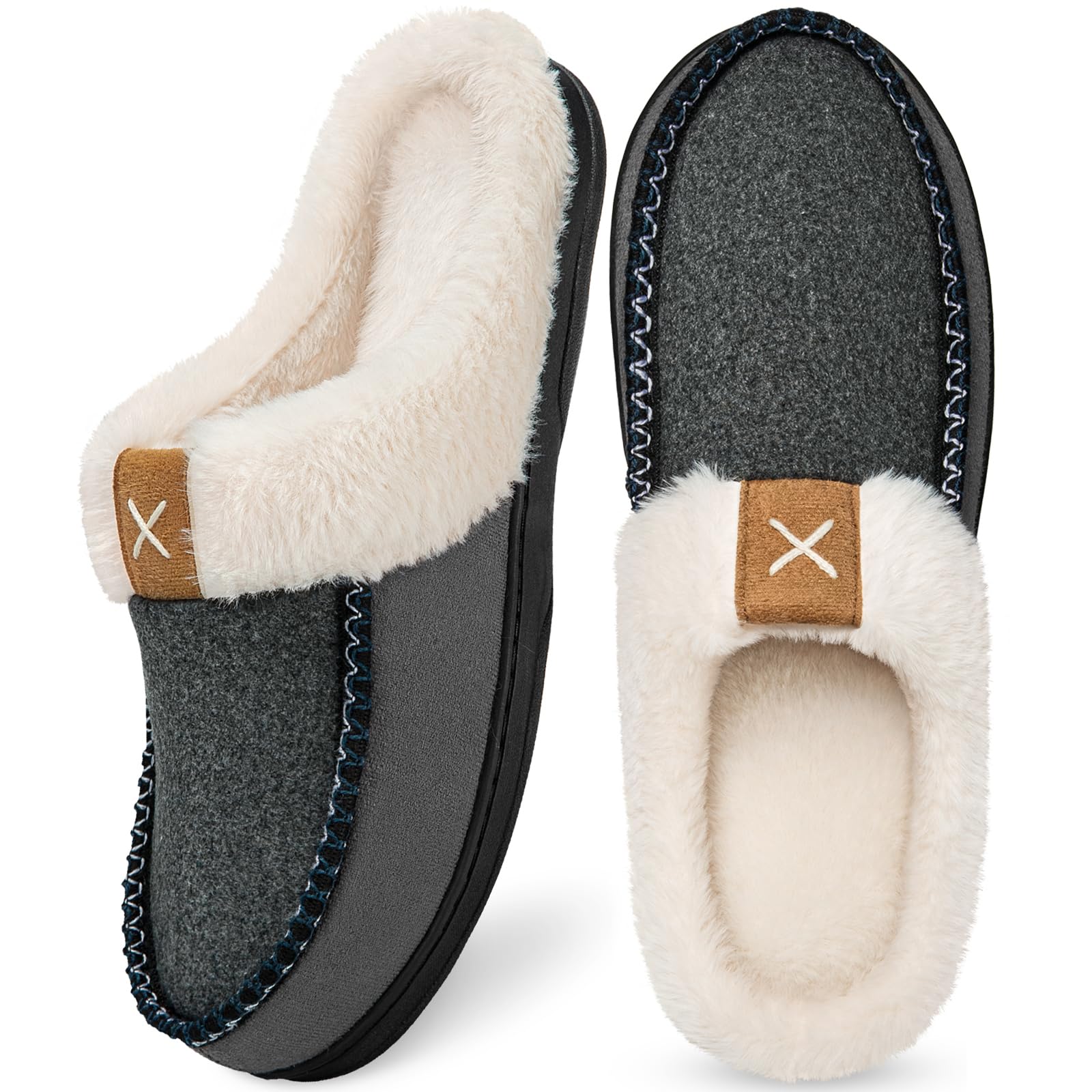 Homitem Mens Slippers Moccasins Memory Foam Fuzzy Slippers for Men Wool-Like Plush Fleece Lined House Shoes Indoor Outdoor Anti-Skid Rubber Sole Home Bedroom, Light Grey, 11-12