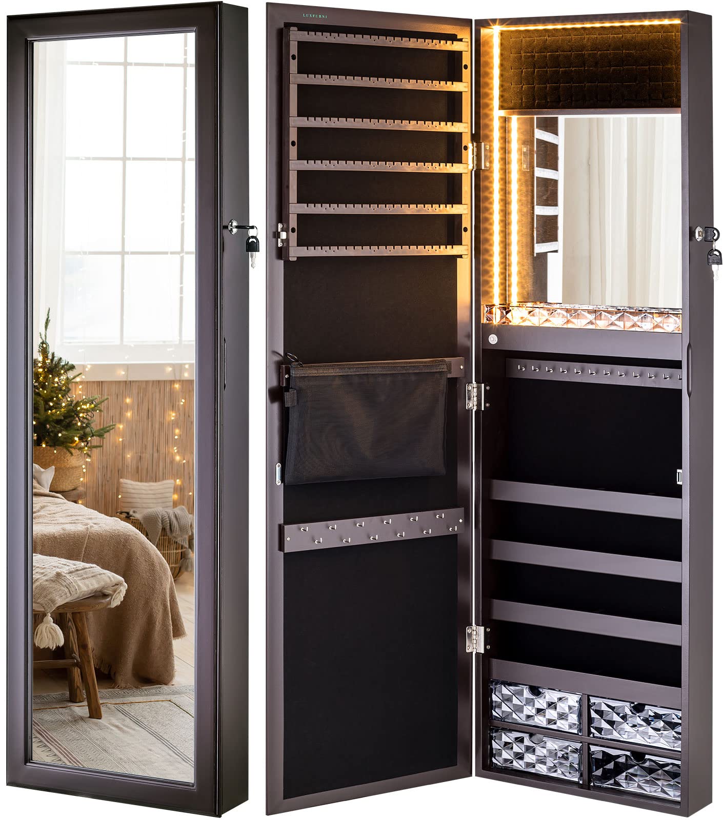 LUXFURNI Mirror Jewelry Cabinet 79 LED Lights Wall-Mount/ Door-Hanging Armoire, Lockable Storage Organizer w/ Drawers (Brown)