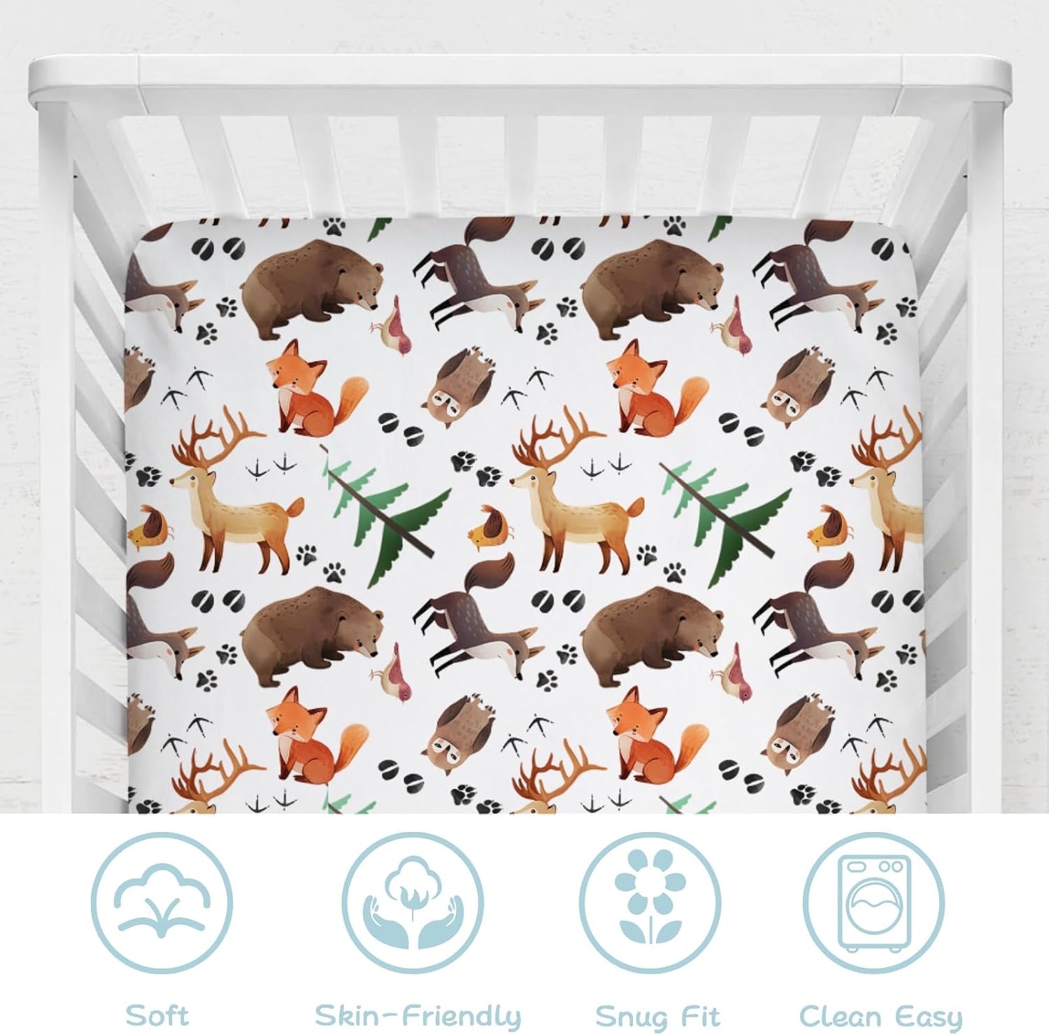 Baby Animals Forest Crib Sheets 52''x28'' Bear Deer Owl Bird Pine Trees Stretchy Fitted Crib Mattress Covers for Boy Girl Soft Baby Bed Sheet for Standard Crib and Toddler Mattress