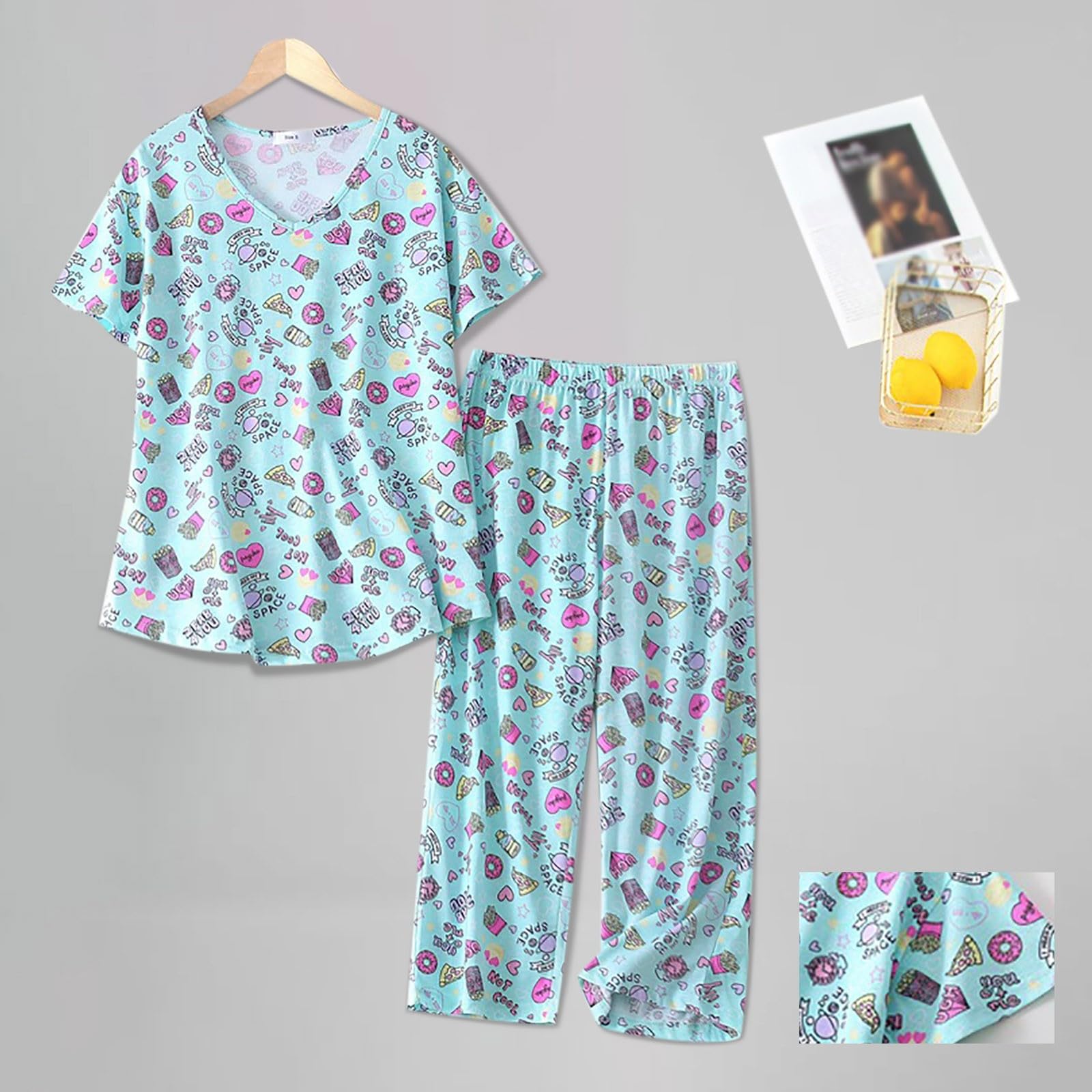 Generisch 2025 pigiama da donna in cotone set a maniche corte top capri pantaloni da notte plus pantaloncini da donna lunghezza al ginocchio