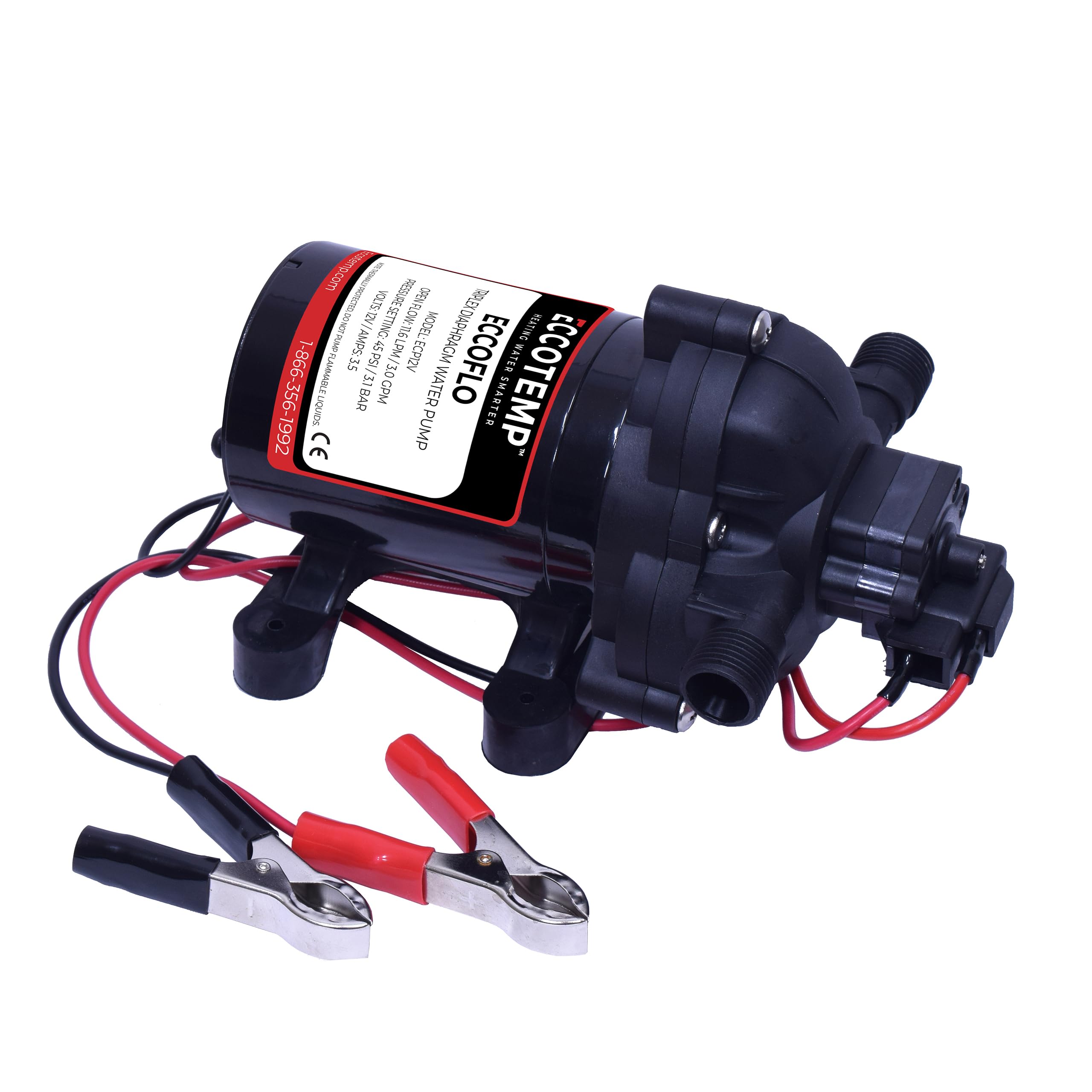Eccotemp EccoFlo Diaphragm 12V Pump & Strainer, Black