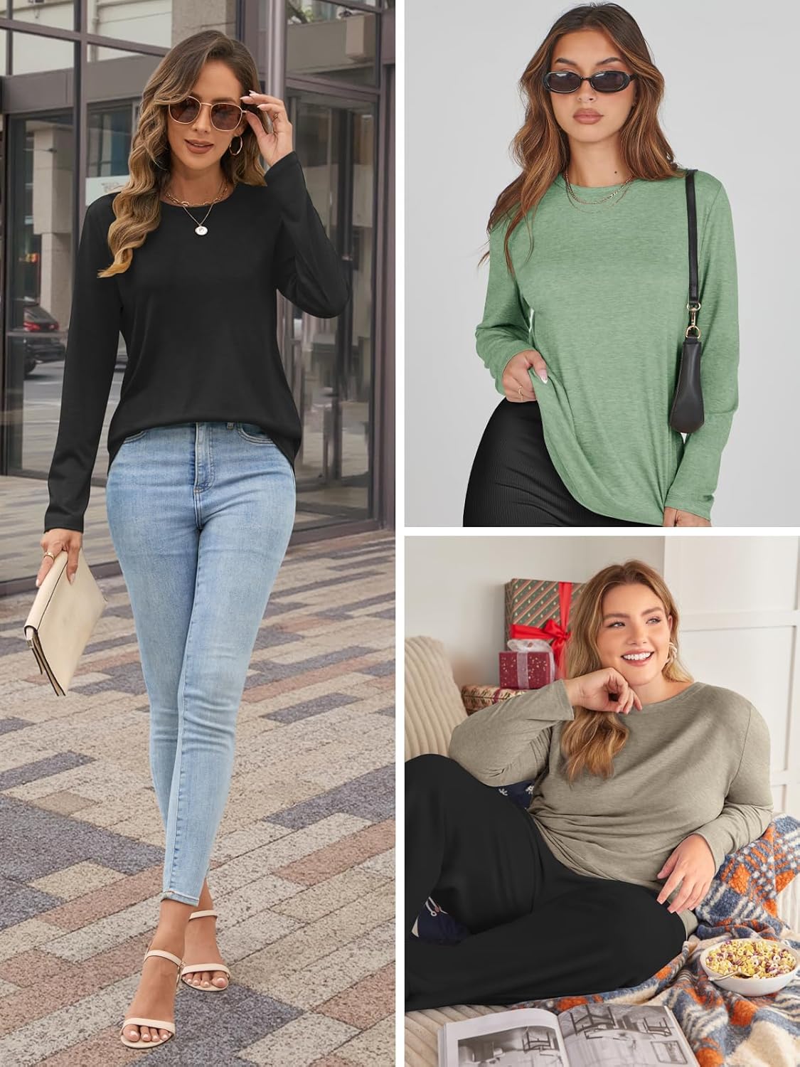 Womens Fall 3 Packs Long Sleeve Shirts Workout Loose Fit Winter Tops Basic Tees Fashion Clothes Crew Neck Outfits - Image 2