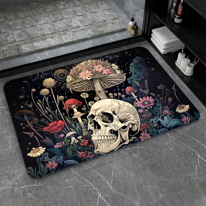 Bath Mat-Bathroom Rug，A Skull and Mushroom-Absorbent Non Slip Quick Dry Stain Resistant Easy to Clean Care Shower Rug for Bathtub Shower Room 17×27.5Inch (43 * 70cm)