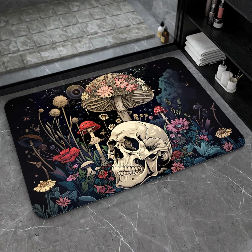 ZHUZHISHAN Bath Mat-Bathroom Rug，A Skull and Mushroom-Absorbent Non Slip Quick Dry Stain Resistant Easy to Clean Care Shower Rug for Bathtub Shower