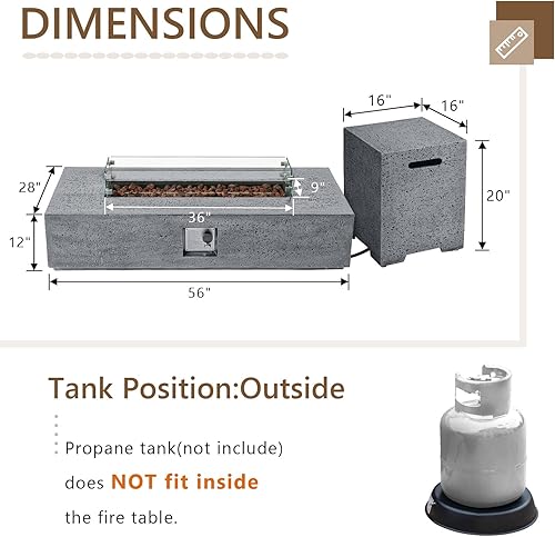 Miniatura 89 de COSIEST Fogata cuadrada de propano de piedra arenisca para exteriores de 35 pulgadas con protector contra el viento y mesa auxiliar, quemador