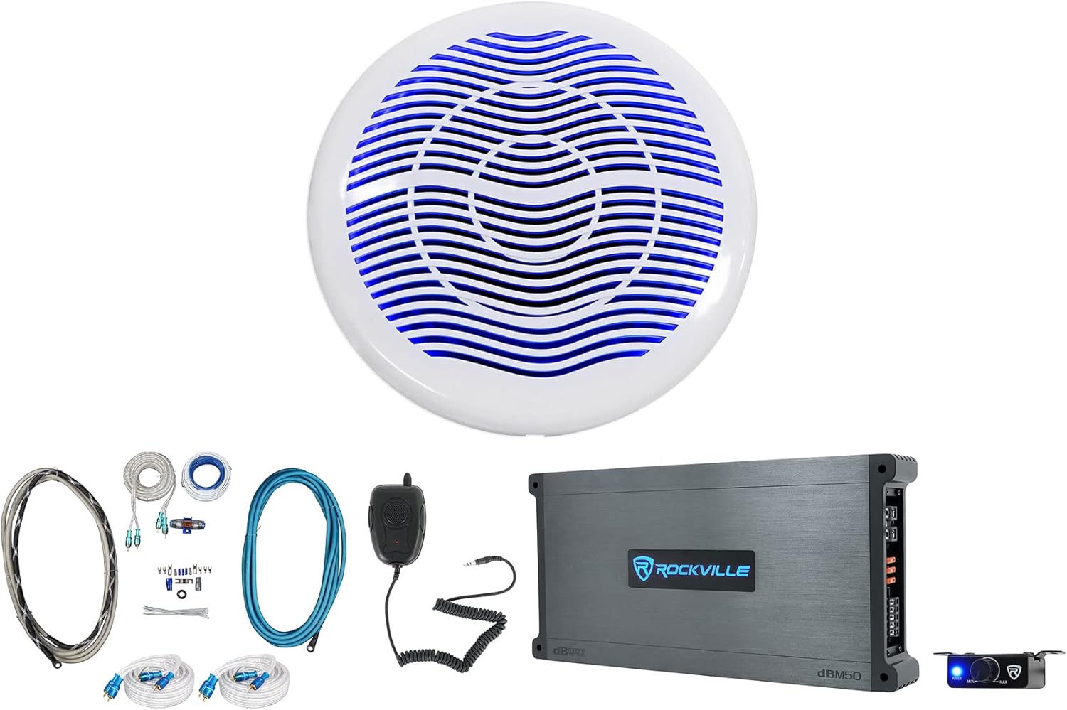 Rockville MS10LW Bundle: 10-in 2400-Watt Marine Subwoofer with LED, DBM50 4000-Watt 5-Channel Amplifier with Mic, RMWK4 Amp Installation Kit, (2) MRCA25 25ft RCA Cables, 5-Items