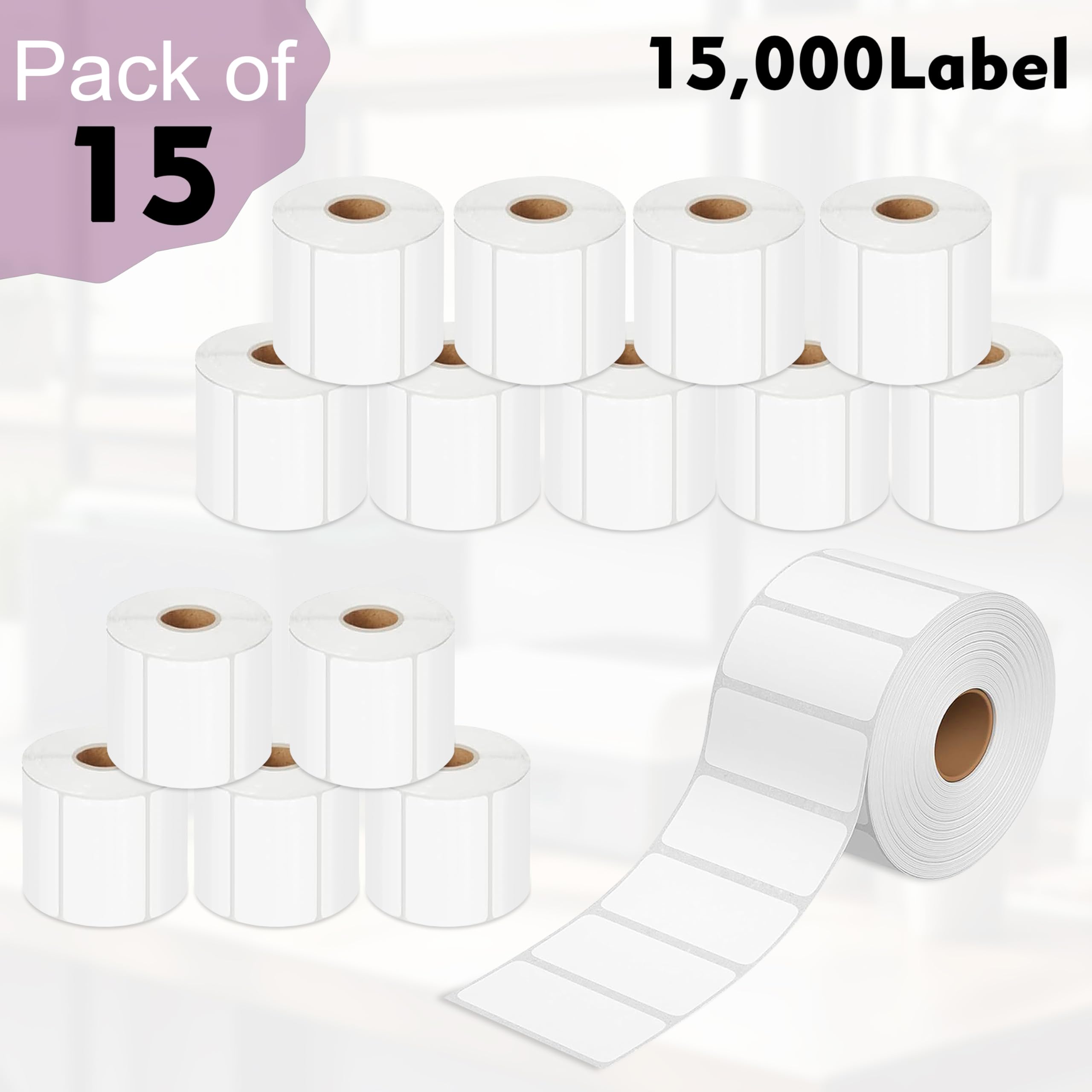 GLUN Direct Thermal Barcode-Etiketten, Größe 50 mm x 25 mm, 15.000 Etiketten, 15 Rollen, direktes thermisches Weiß, selbstklebender Aufkleber zum Beschriften und Barcodieren