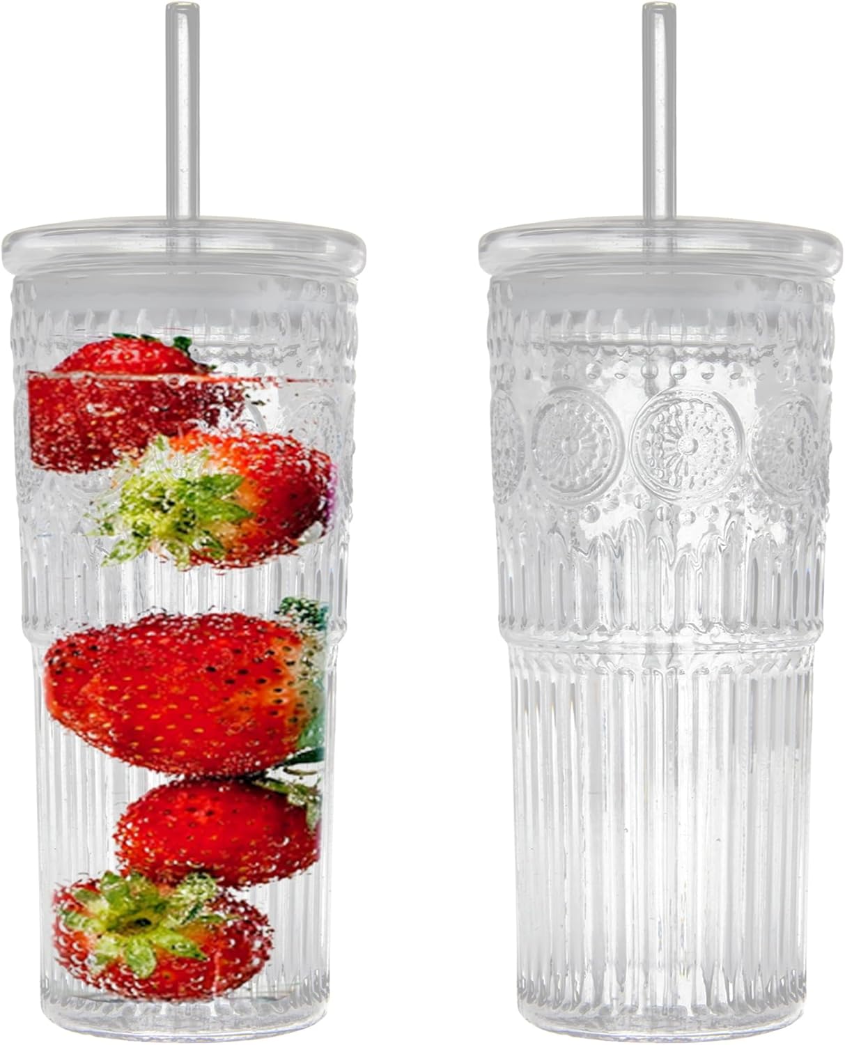 Bandesun All Glass Iced Coffee Cup With Lids and Straws,24 OZ High Borosilicate Glass Tumbler for Water Smoothie Juice Drinks