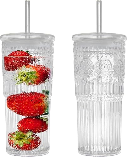 Miniatura 9 de Bandesun Taza de café helado de vidrio con tapas y popotes, vaso de vidrio de borosilicato de 24 onzas arcoíris para bebidas de jugo de batido de