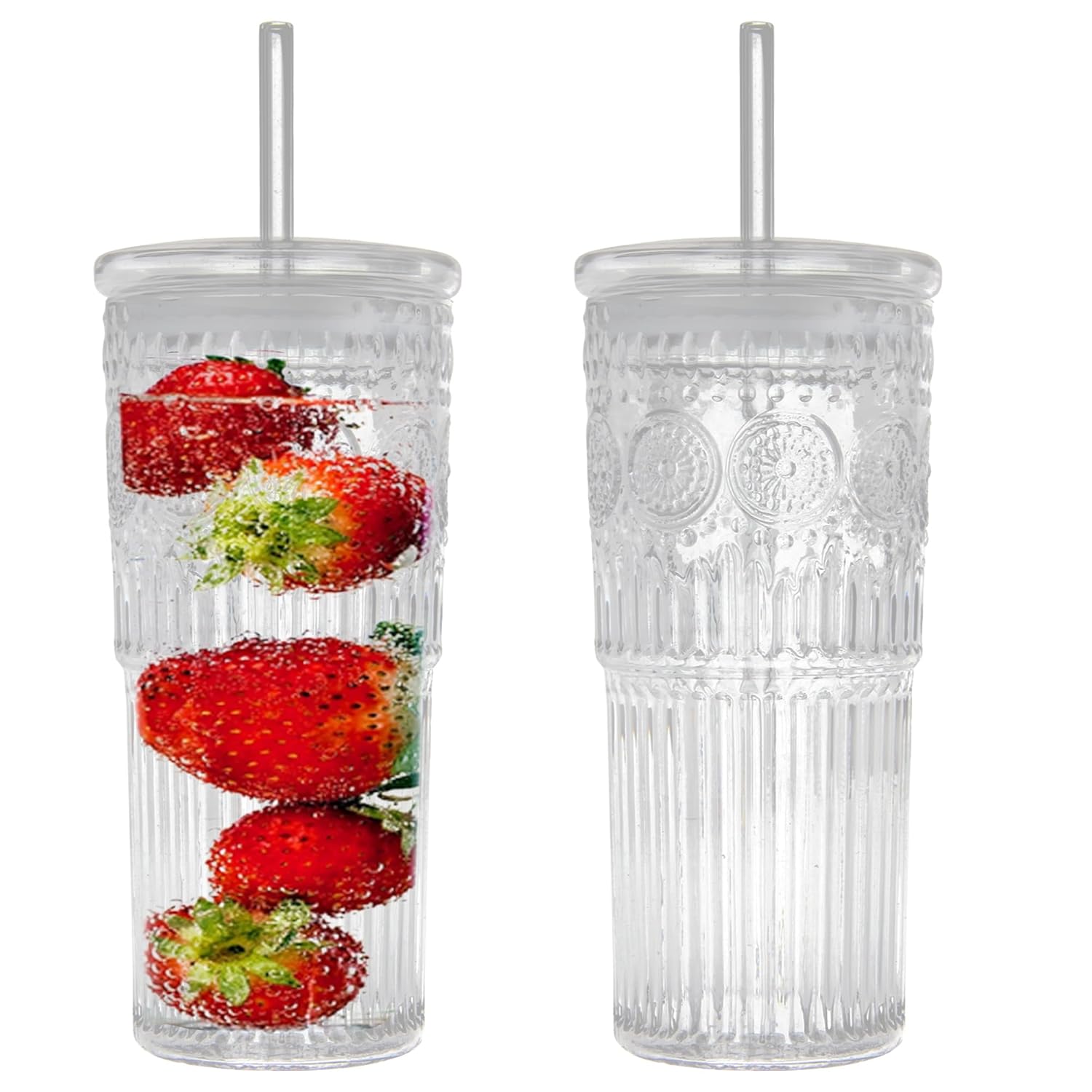 Bandesun All Glass Iced Coffee Cup With Lids and Straws 24 OZ High Borosilicate Glass Tumbler for Water